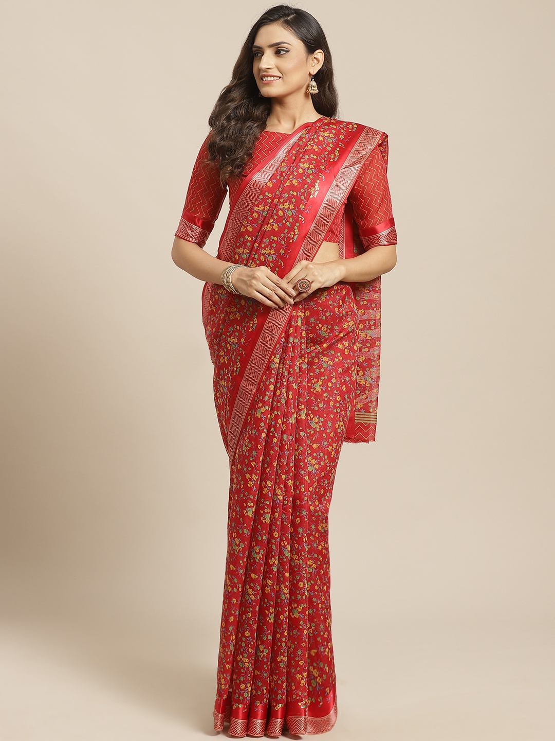 Saree mall Red & Mustard Yellow Silk Cotton Printed Saree