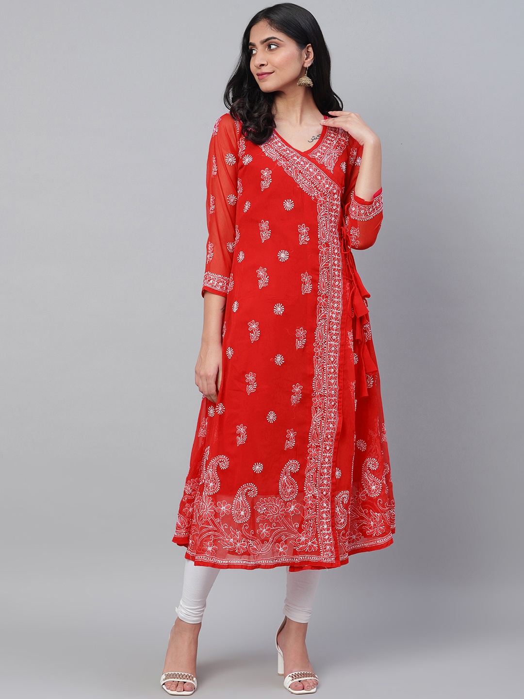 ADA Women Red & White Chikankari Hand Embroidered Sheer A-Line Angrakha Sustainable Kurta With Slip
ADA Women Red & White Chikankari Hand Embroidered Sheer A-Line Angrakha Sustainable Kurta With Slip