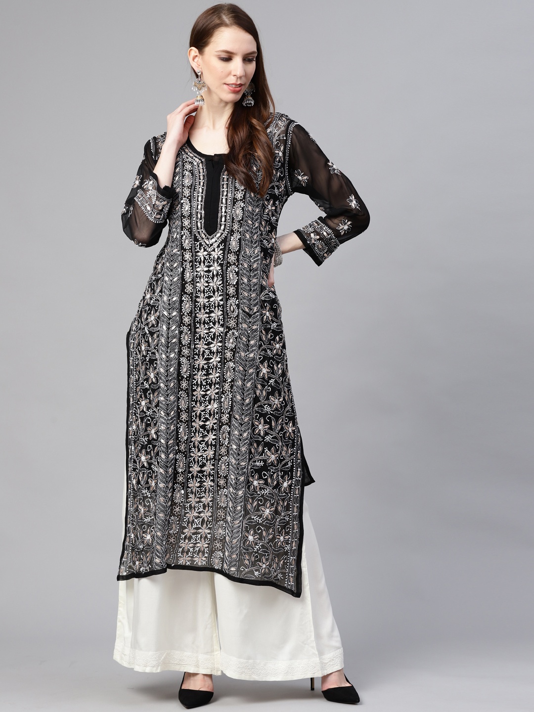ADA Women Black & White Chikankari Hand Embroidered Semi-Sheer Straight Sustainable Handloom Kurta
ADA Women Black & White Chikankari Hand Embroidered Semi-Sheer Straight Sustainable Handloom Kurta