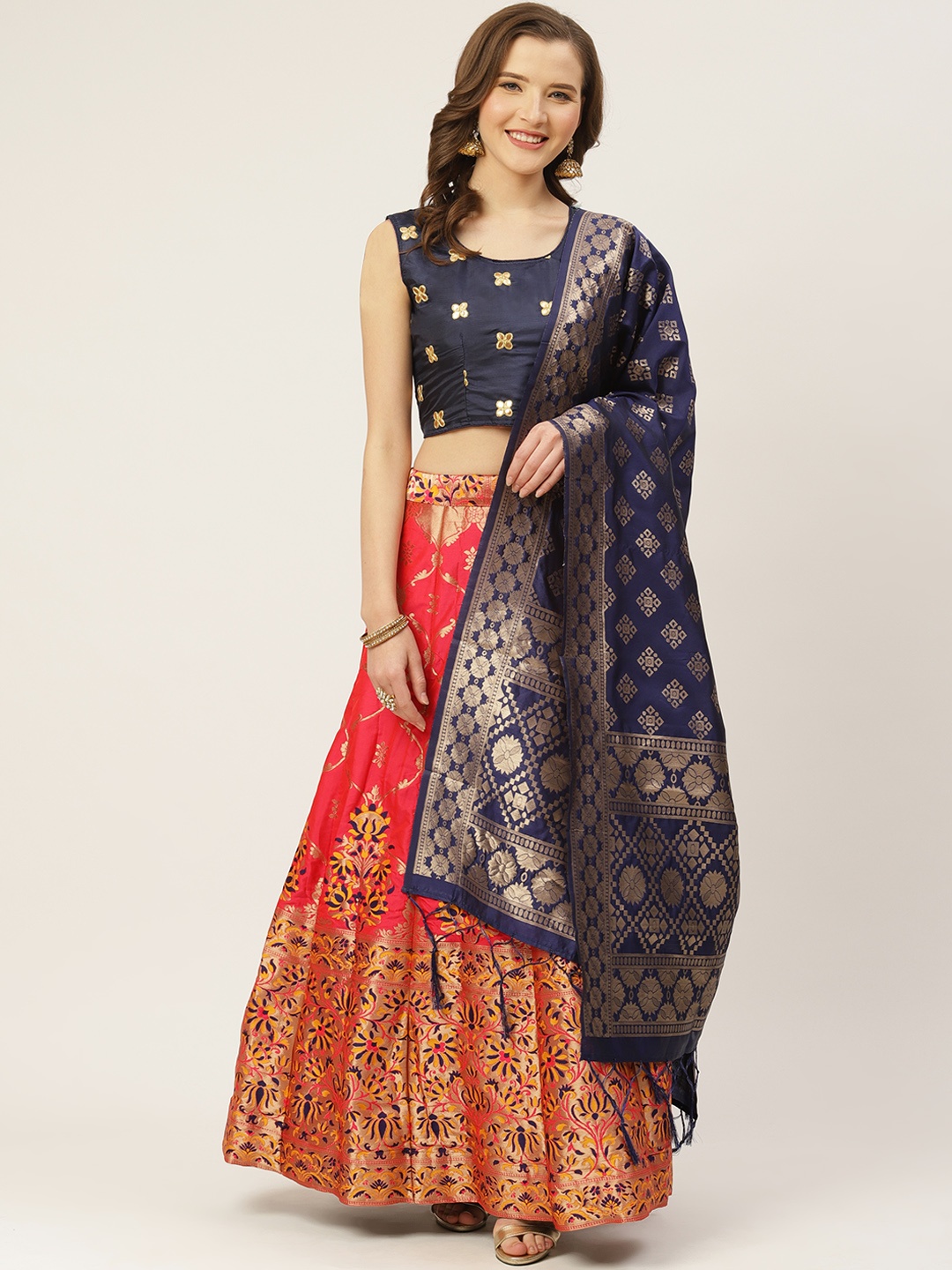 Shaily Pink & Navy Blue Zari Woven Design Semi-Stitched Lehenga & Blouse with Dupatta
Shaily Pink & Navy Blue Zari Woven Design Semi-Stitched Lehenga & Blouse with Dupatta