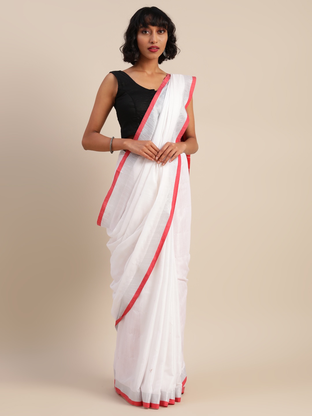 VASTRANAND White & Red Cotton Blend Solid Bhagalpuri Saree