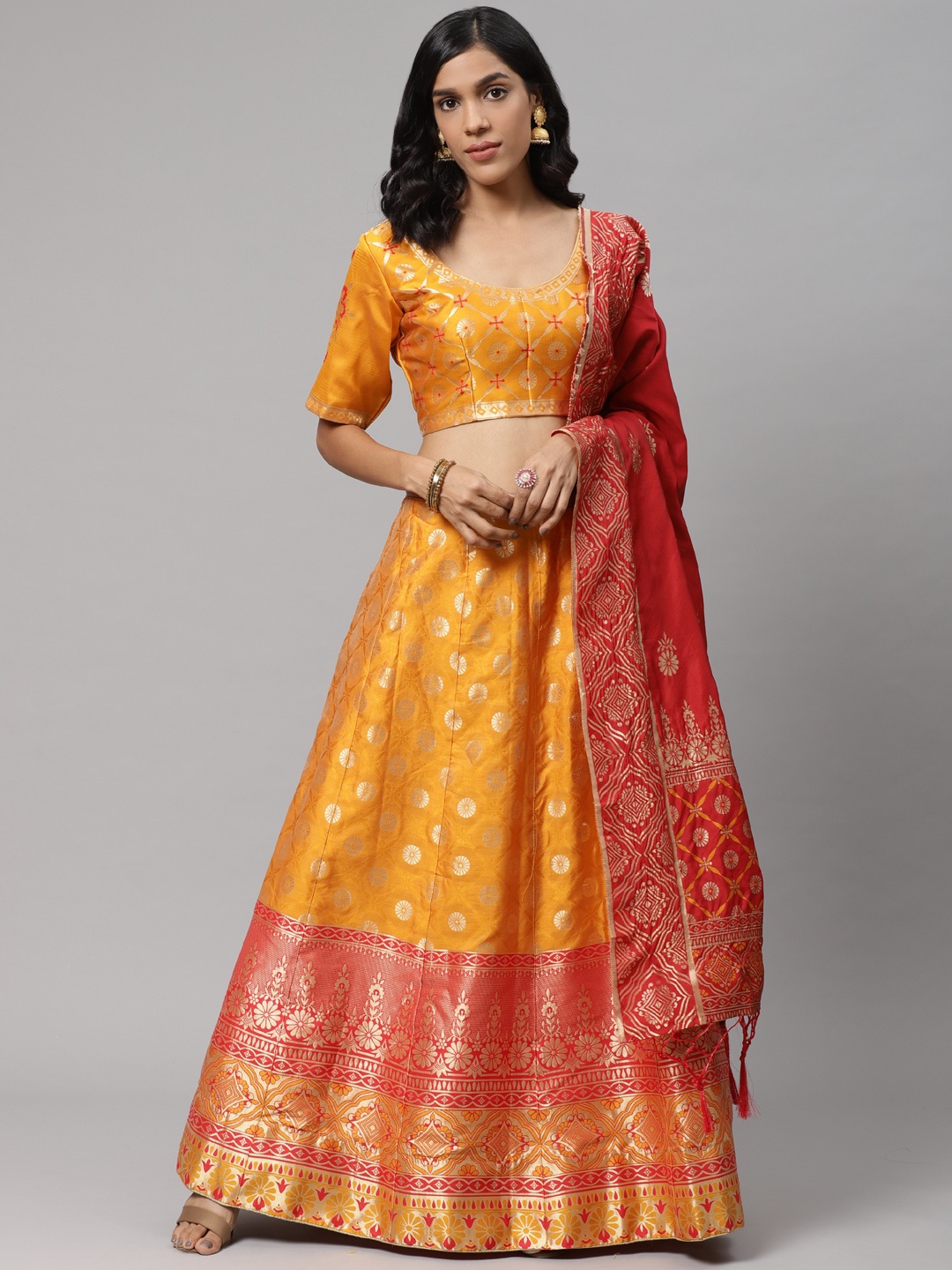 Readiprint Fashions Orange & Red Woven Design Semi-Stitched Lehenga & Unstitched Blouse with Dupatta
Readiprint Fashions Orange & Red Woven Design Semi-Stitched Lehenga & Unstitched Blouse with Dupatta