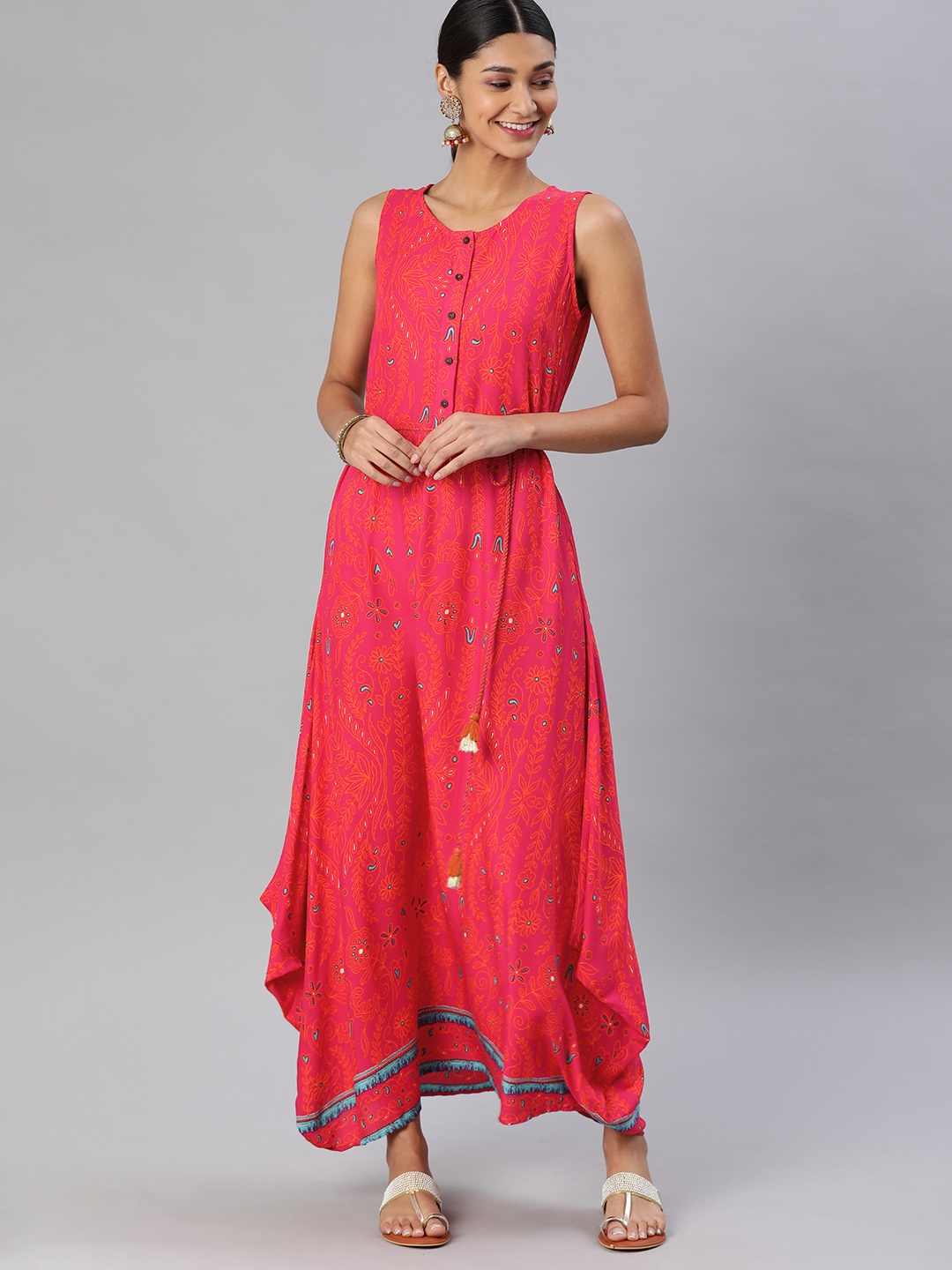 Global Desi Women Pink Printed Fit and Flare Dress
