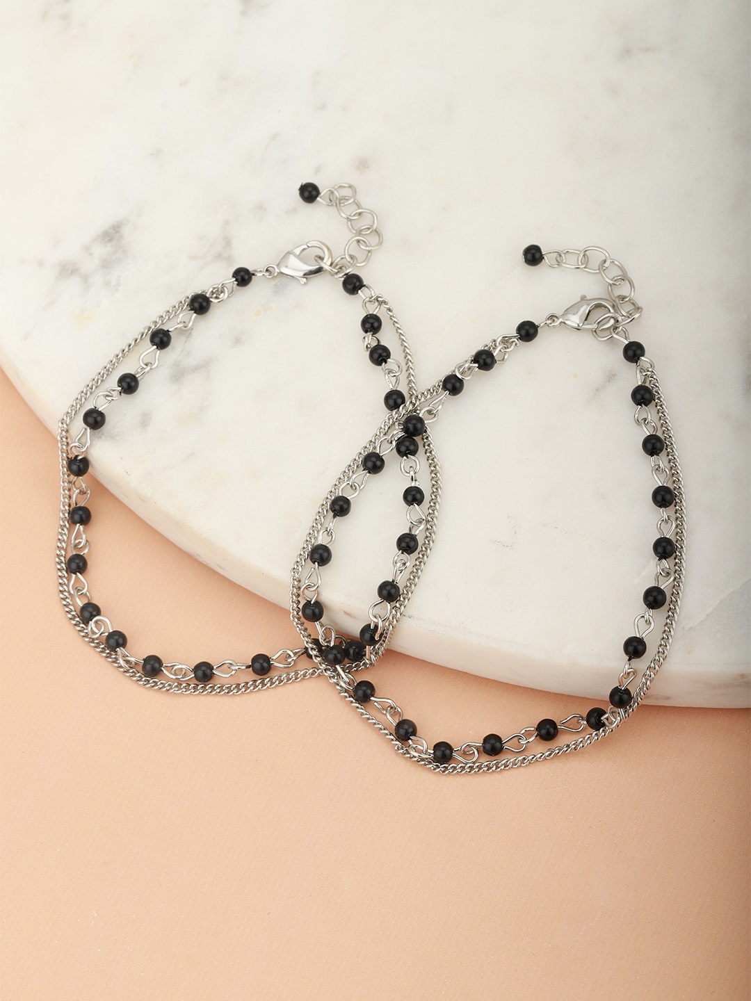 Carlton London Set of 2 Silver-Toned & Black Rhodium-Plated Beaded Handcrafted Anklets
Carlton London Set of 2 Silver-Toned & Black Rhodium-Plated Beaded Handcrafted Anklets