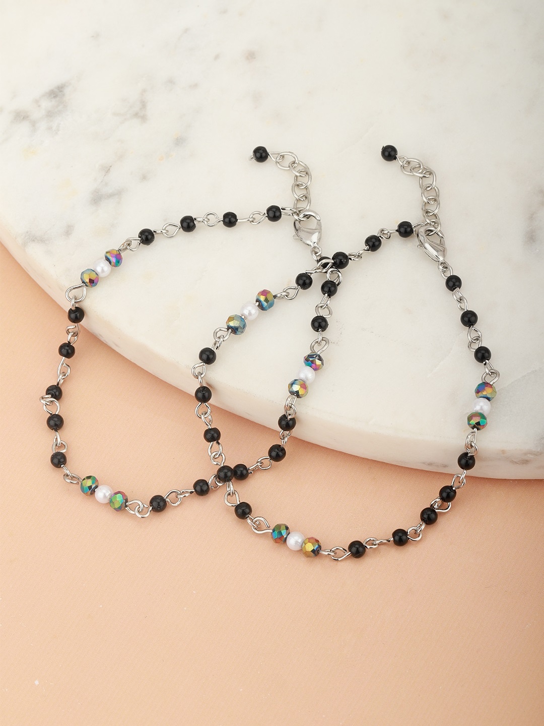 Carlton London Set of 2 Silver-Toned & Black Rhodium-Plated Beaded Handcrafted Anklets
Carlton London Set of 2 Silver-Toned & Black Rhodium-Plated Beaded Handcrafted Anklets