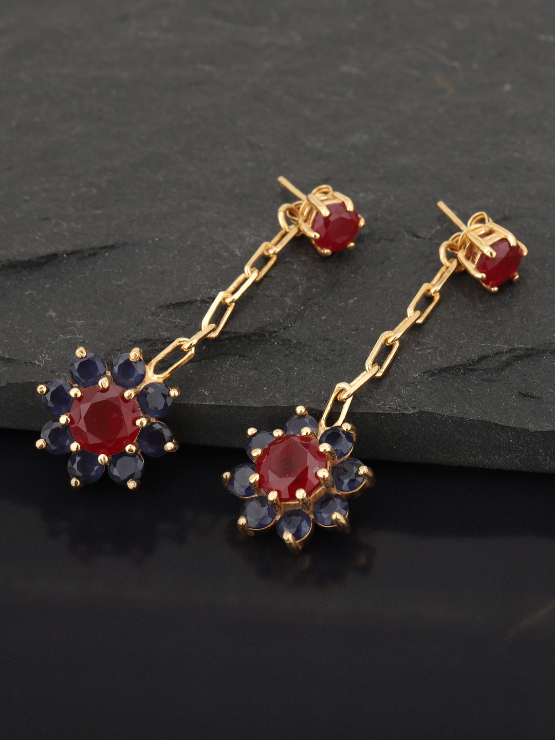 Carlton London Red & Blue Gold-Plated Stone-Studded Floral Shaped Jacket Earrings
Carlton London Red & Blue Gold-Plated Stone-Studded Floral Shaped Jacket Earrings