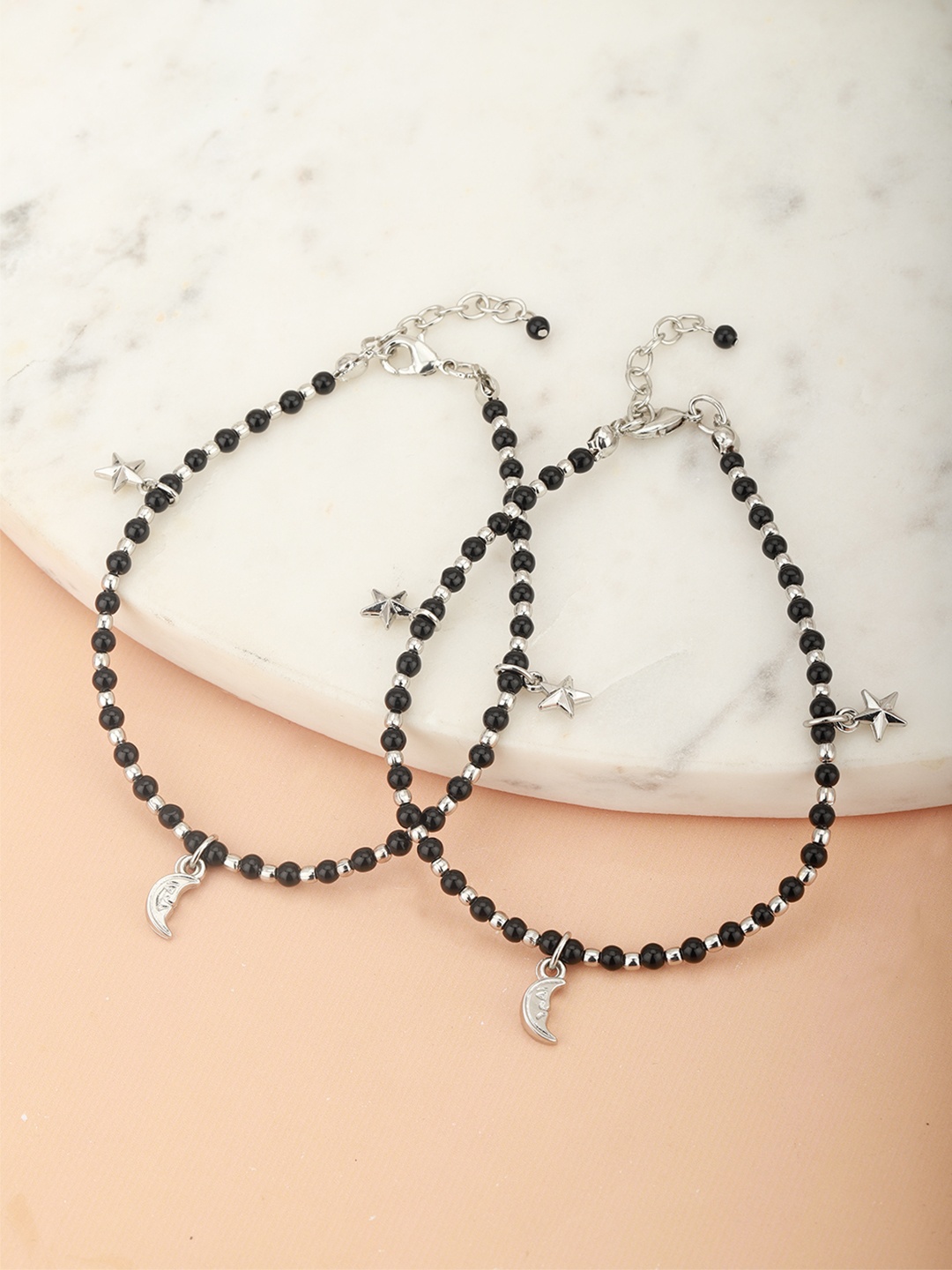 Carlton London Set of 2 Silver-Toned & Black Rhodium-Plated Beaded Handcrafted Anklets
