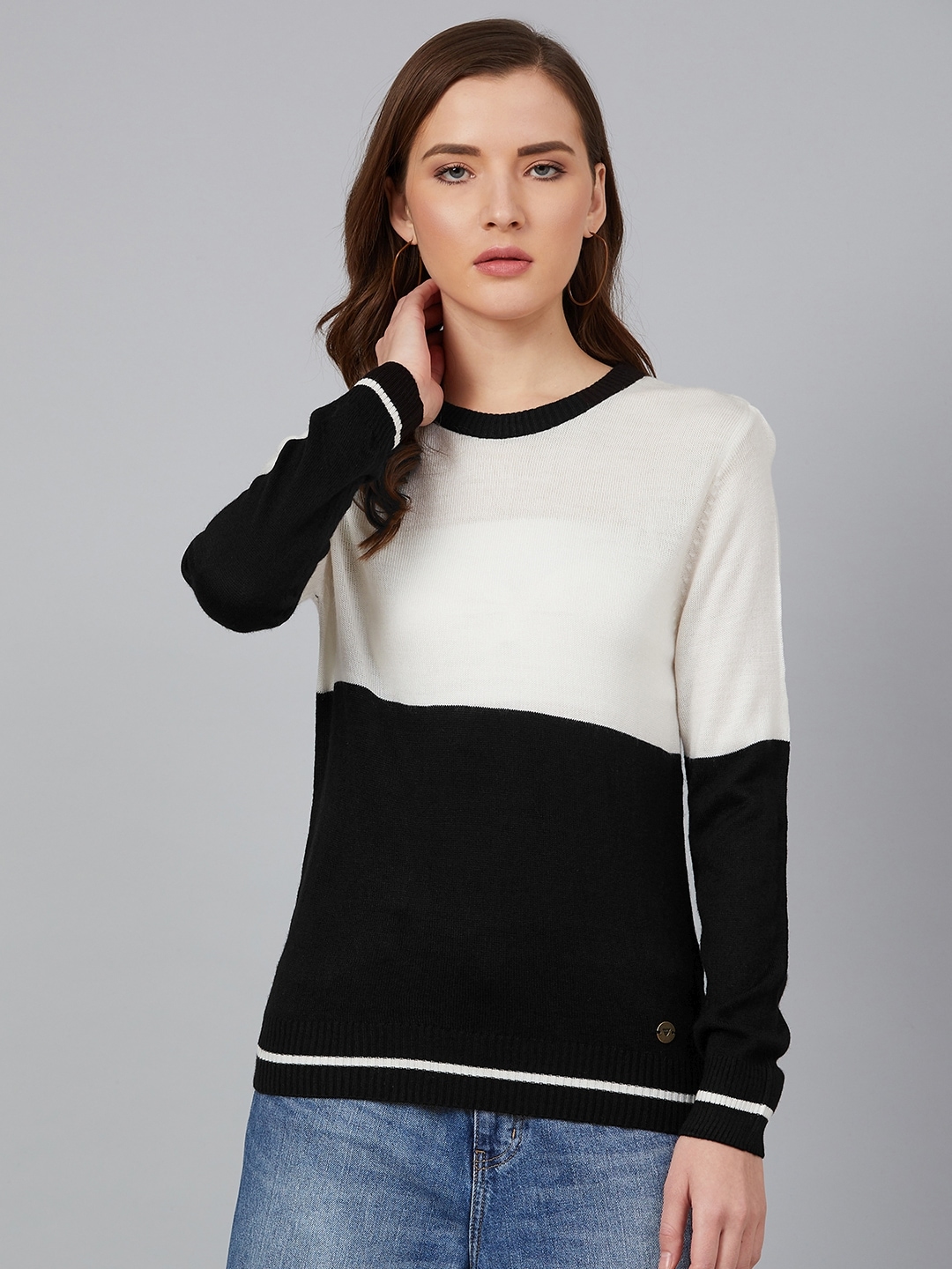 

Cayman Women Black & Off-White Colourblocked Pullover Acrylic Sweater