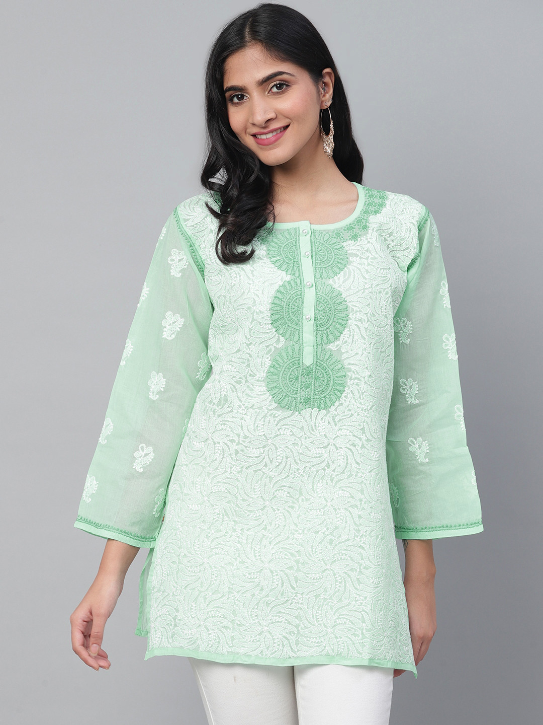 ADA Women Sea Green & White Chikankari Hand Embroidered Pure Cotton Semi-Sheer Straight Handloom Kurti 
ADA Women Sea Green & White Chikankari Hand Embroidered Pure Cotton Semi-Sheer Straight Handloom Kurti