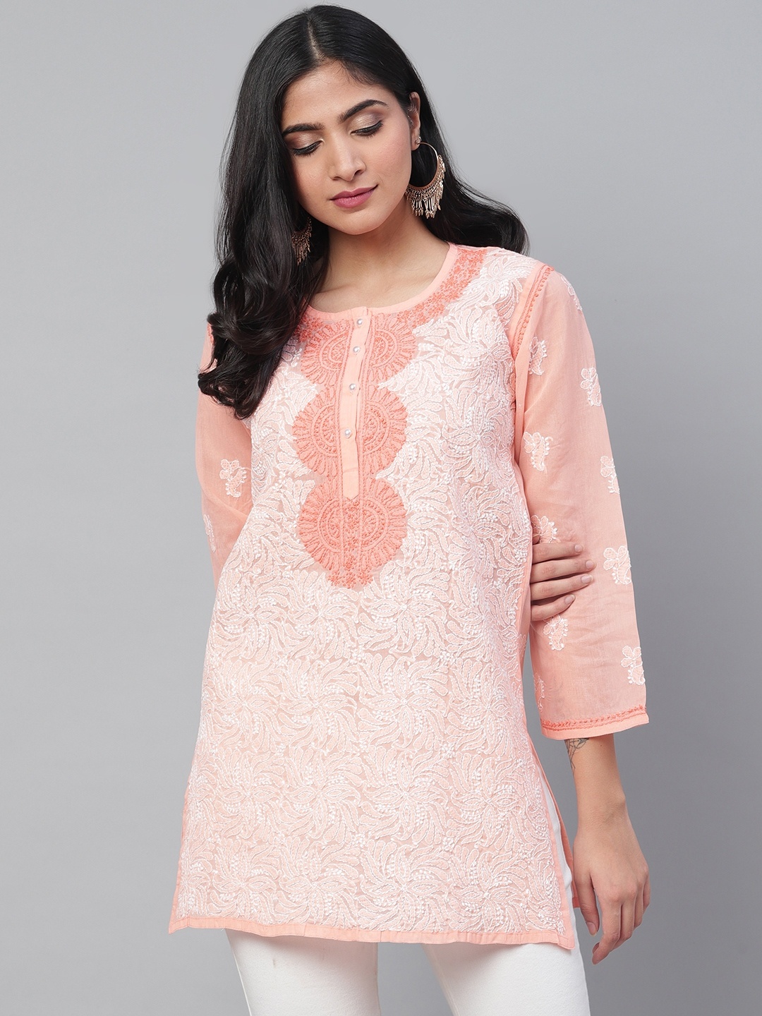 ADA Women Peach-Coloured & White Chikankari Hand Embroidered Pure Cotton Semi-Sheer Straight Sustainable Handloom Kurti
ADA Women Peach-Coloured & White Chikankari Hand Embroidered Pure Cotton Semi-Sheer Straight Sustainable Handloom Kurti