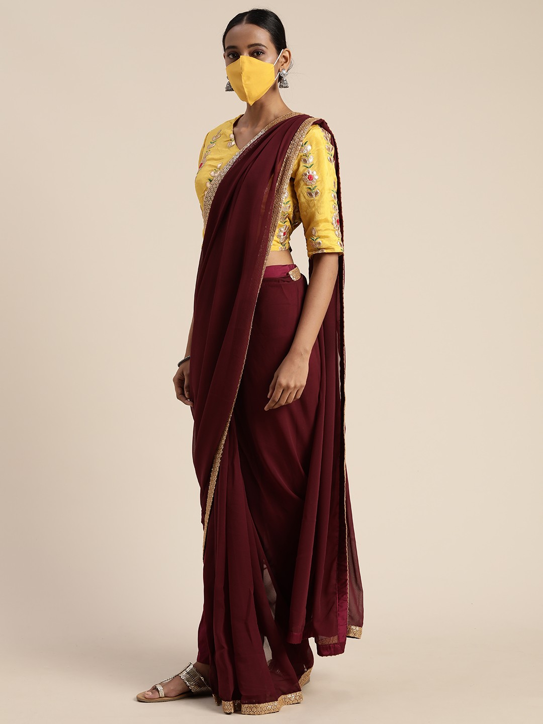 Ethnovog Burgundy Yellow Viscose Rayon Solid Made To Measure Saree