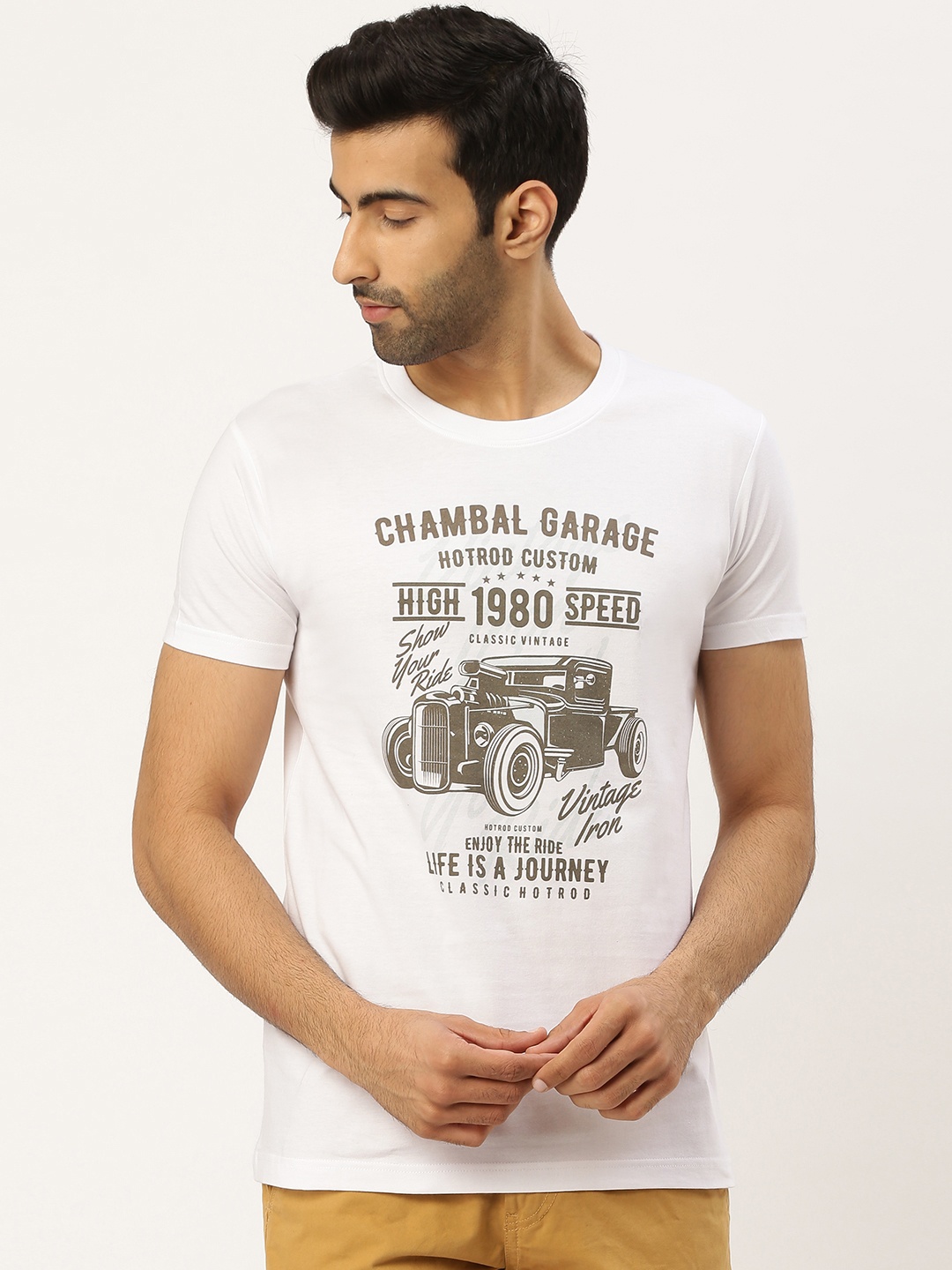 THE CHAMBAL Men White Coffee Brown Vintage Car Print Round Neck Bio-Wash Pure Cotton T-shirt
THE CHAMBAL Men White Coffee Brown Vintage Car Print Round Neck Bio-Wash Pure Cotton T-shirt