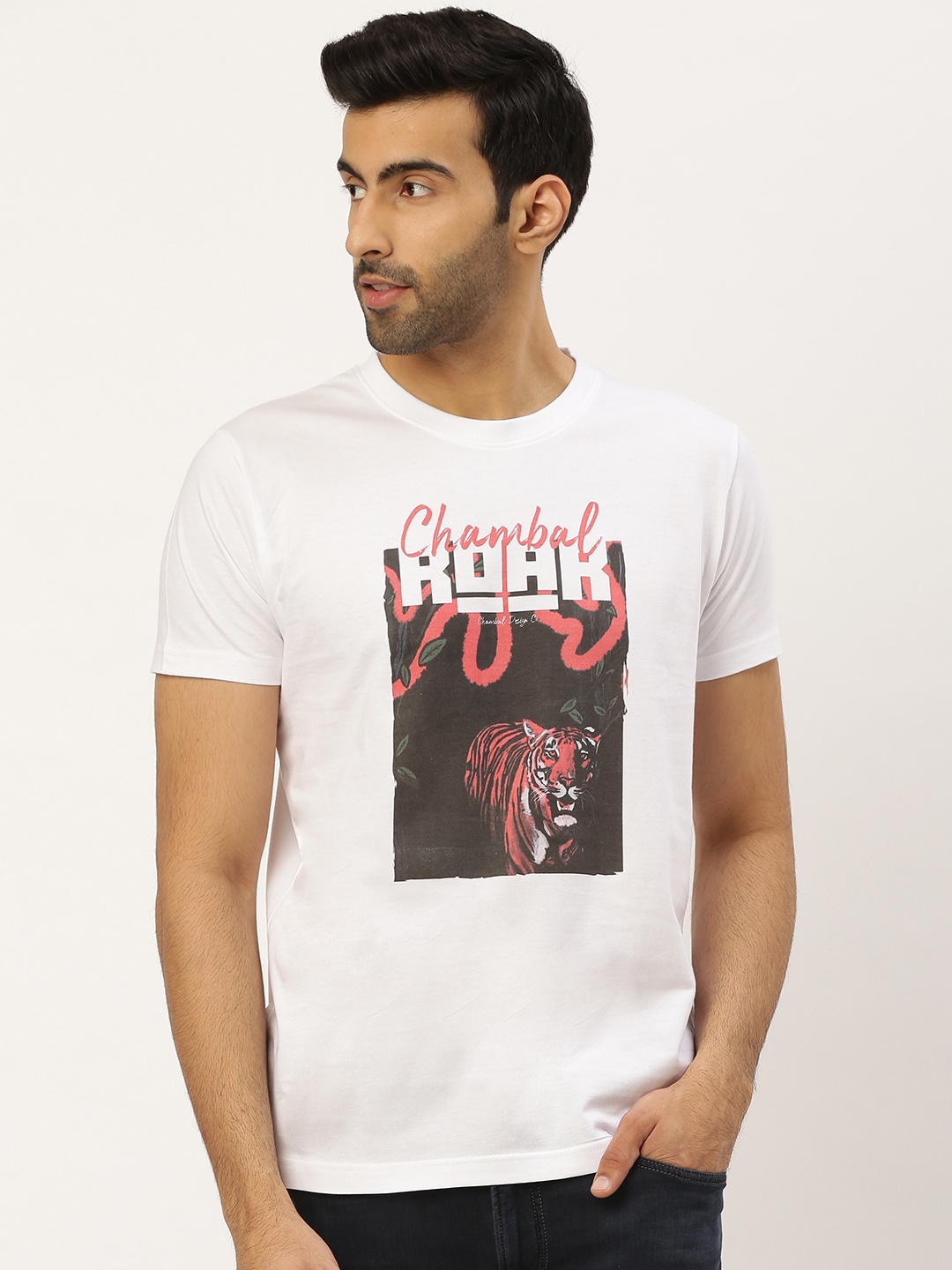 THE CHAMBAL Men White Black Tiger Graphic Print Round Neck Bio-Wash Pure Cotton T-shirt
THE CHAMBAL Men White Black Tiger Graphic Print Round Neck Bio-Wash Pure Cotton T-shirt