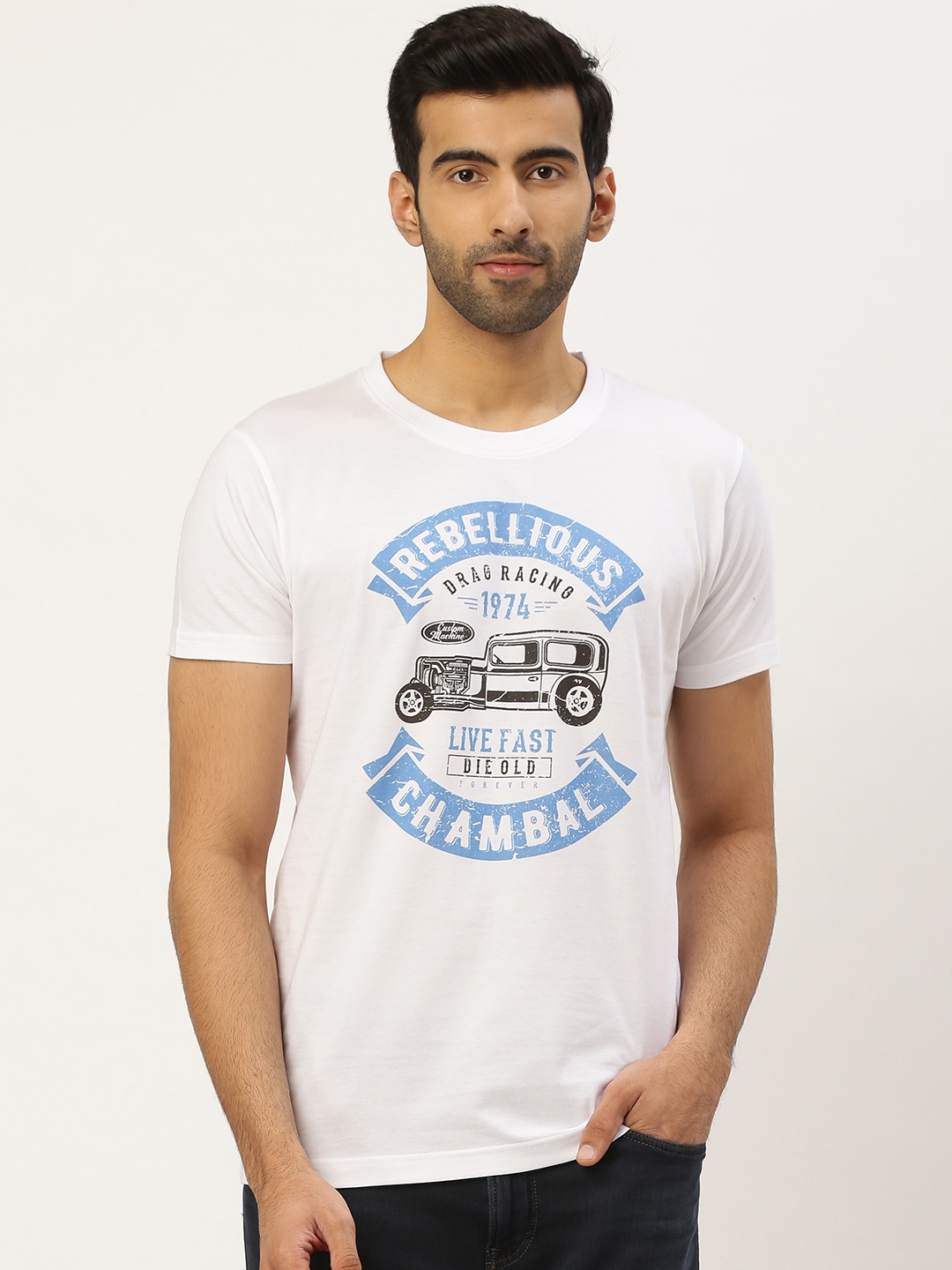THE CHAMBAL Men White Blue Graphic Typography Print Round Neck Bio-Wash Pure Cotton T-shirt
THE CHAMBAL Men White Blue Graphic Typography Print Round Neck Bio-Wash Pure Cotton T-shirt