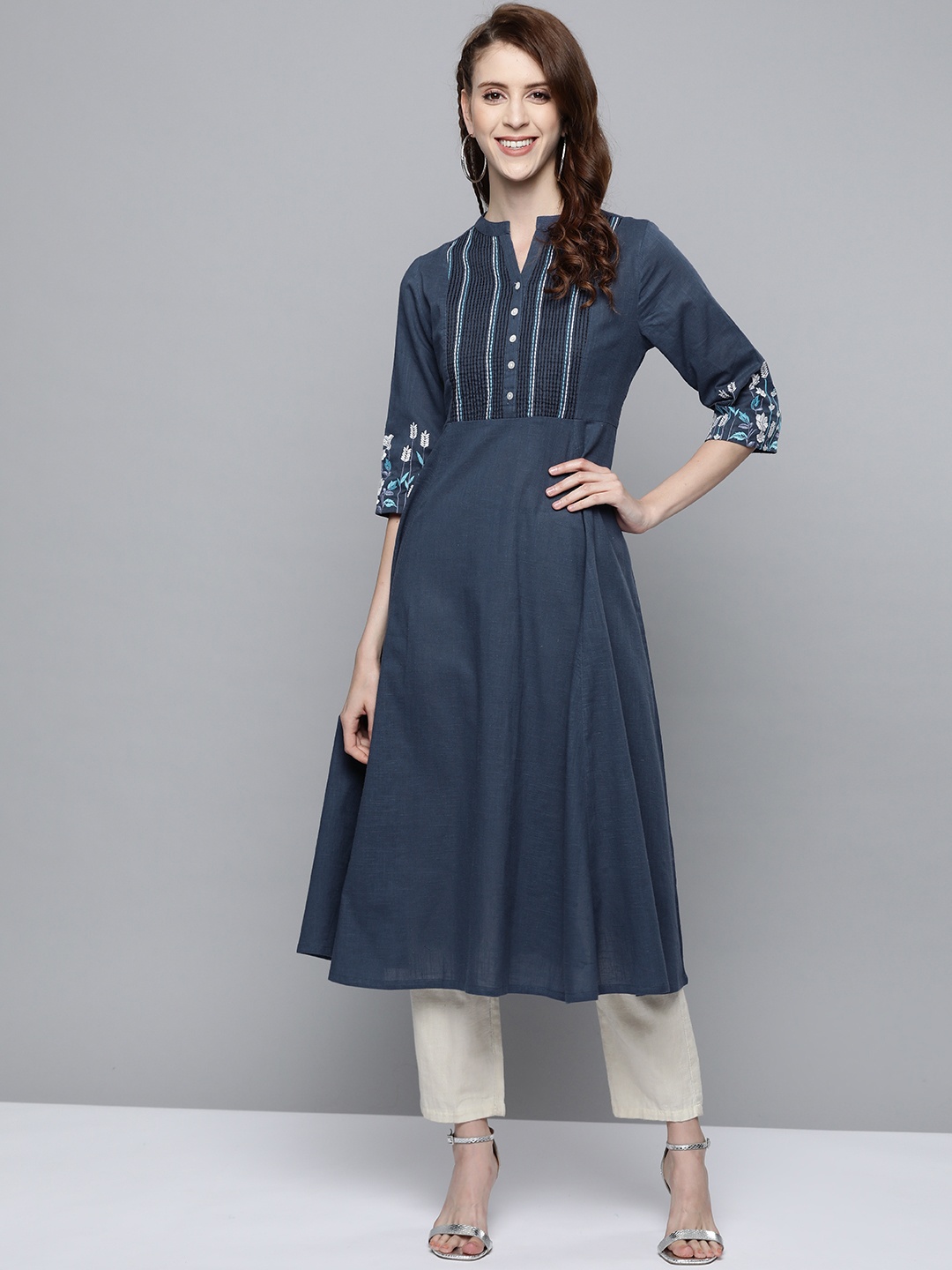 HERE&NOW Women Navy Blue Yoke Design A-Line Kurta