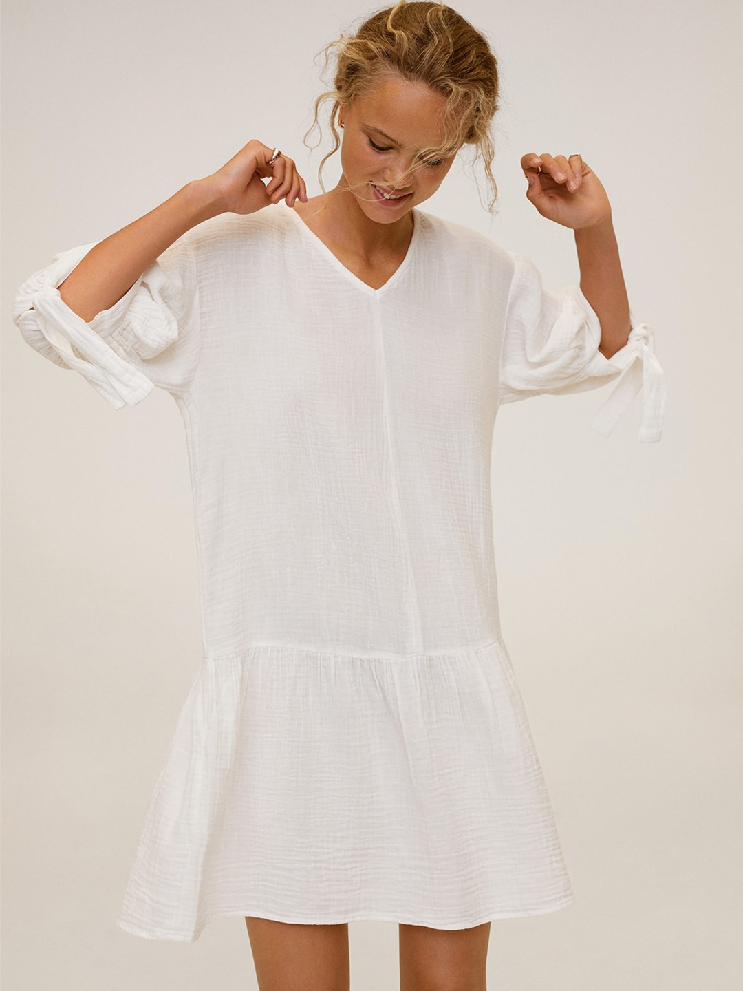 MANGO Women White Solid Shift Dress