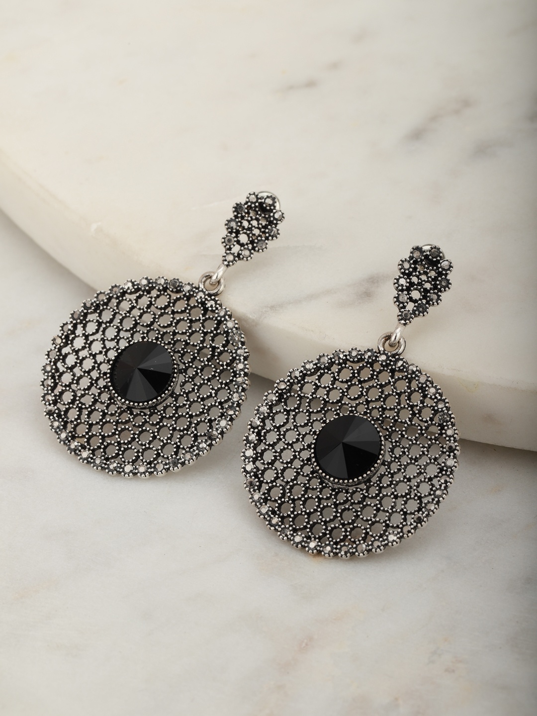 Carlton London Oxidised Silver-Toned Rhodium-Plated Stone Studded Circular Drop Earrings
Carlton London Oxidised Silver-Toned Rhodium-Plated Stone Studded Circular Drop Earrings