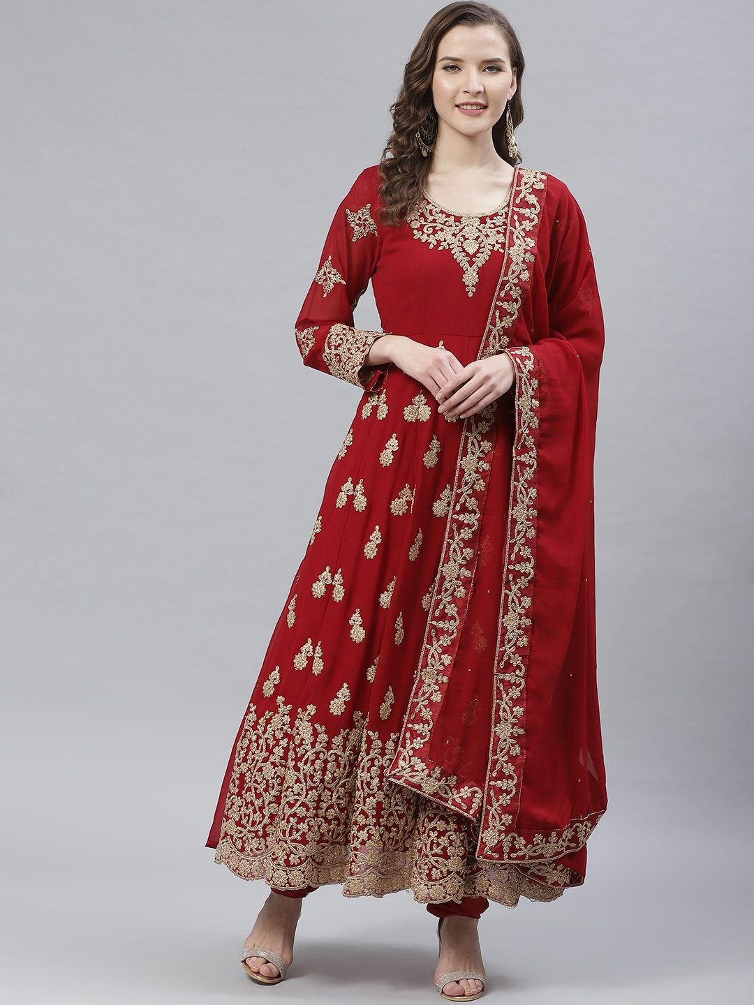 Readiprint Fashions Red & Golden Embroidered Semi-Stitched Dress Material