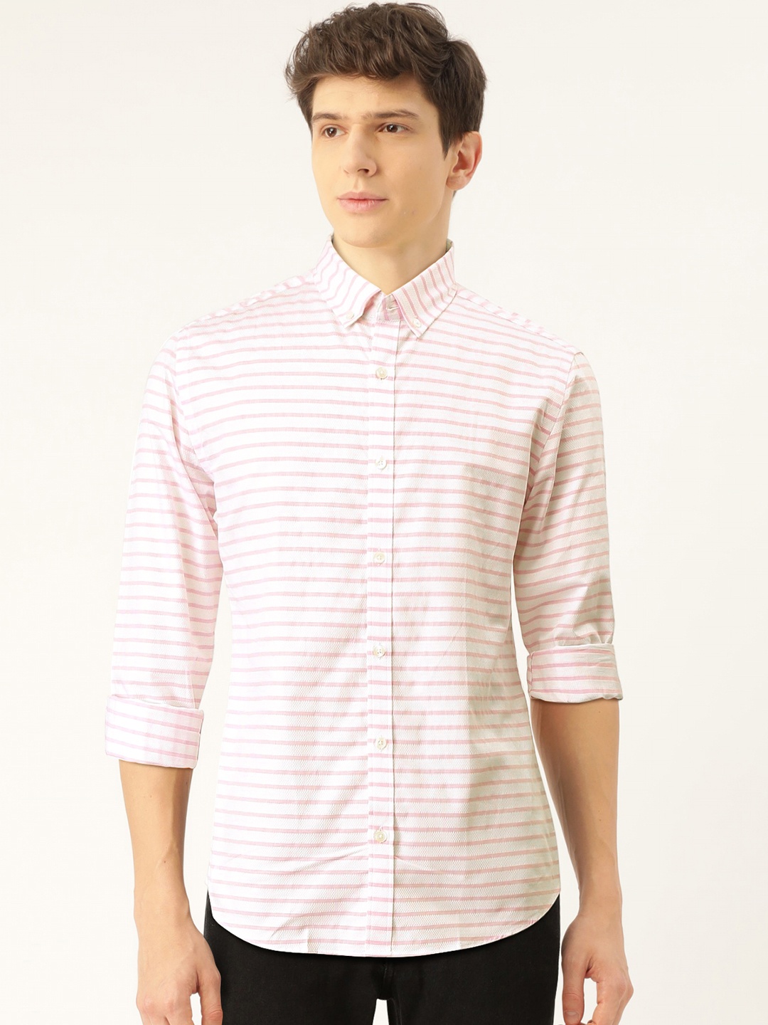 United Colors of Benetton Men White & Lavender Dobby Weave Slim Fit Striped Casual Shirt