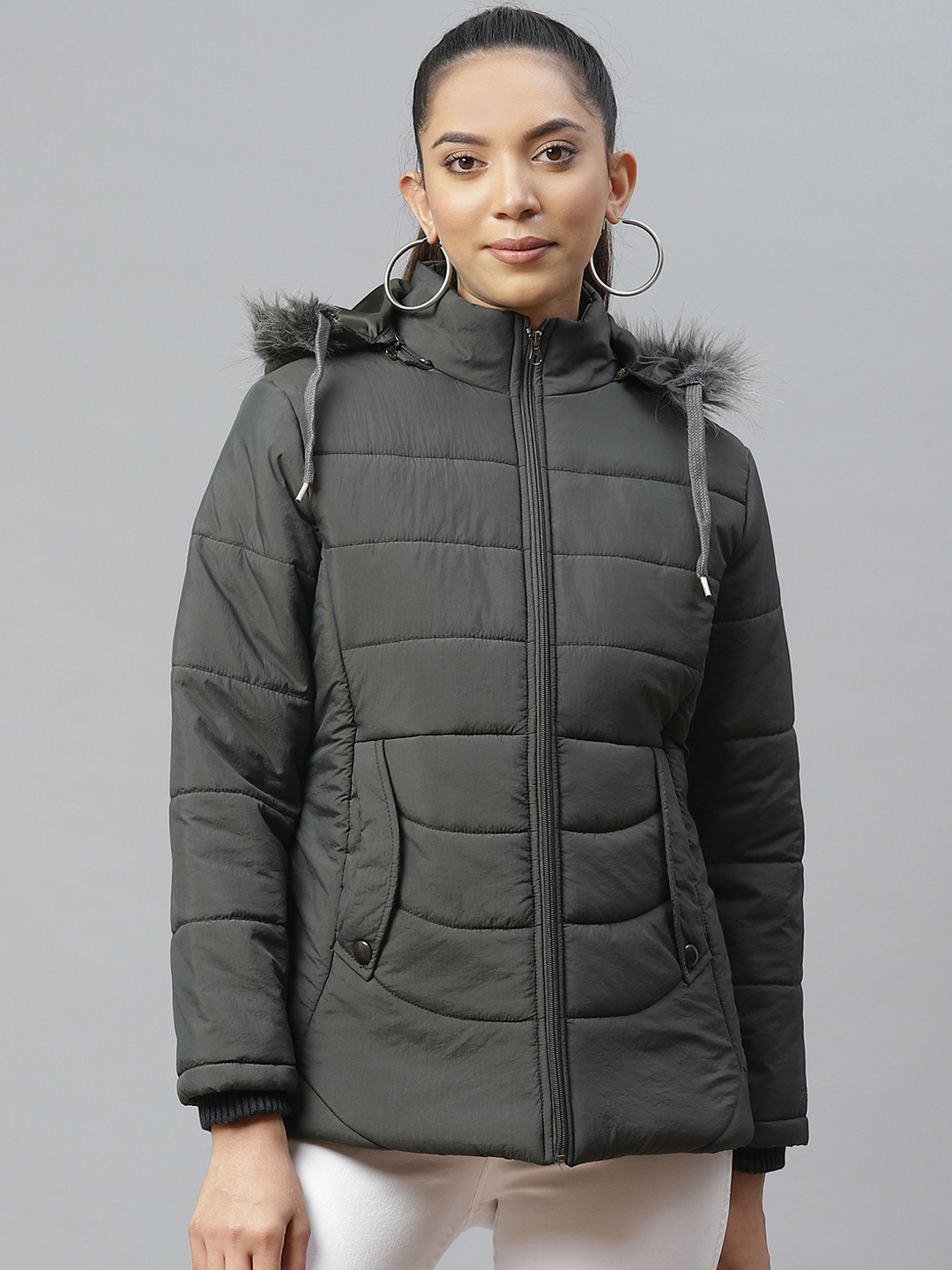 Foreign Culture By Fort Collins Women Charcoal Grey Solid Lightweight Hooded Parka Jacket