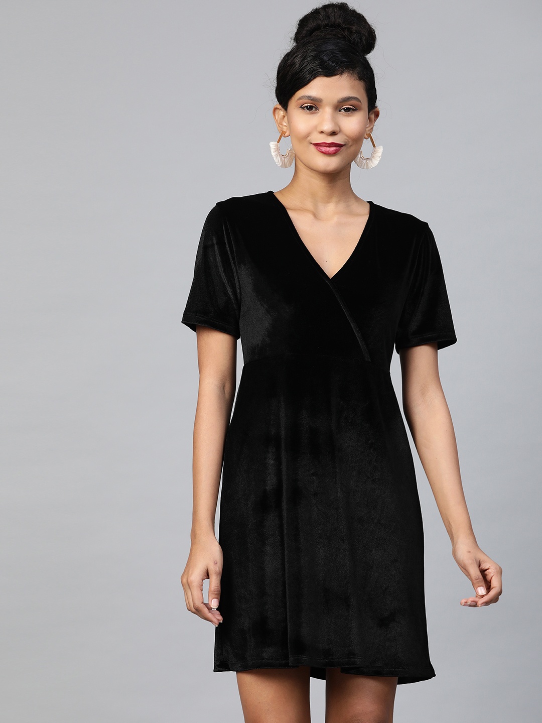 SASSAFRAS Women Black Velvet Solid Wrap Dress