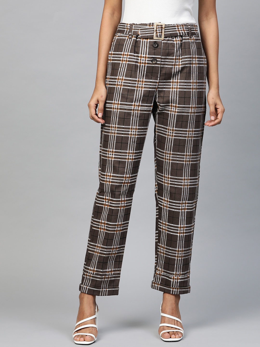 SASSAFRAS Women Brown & White Twill Weave Tapered Fit High-Rise Checked Trousers
SASSAFRAS Women Brown & White Twill Weave Tapered Fit High-Rise Checked Trousers
