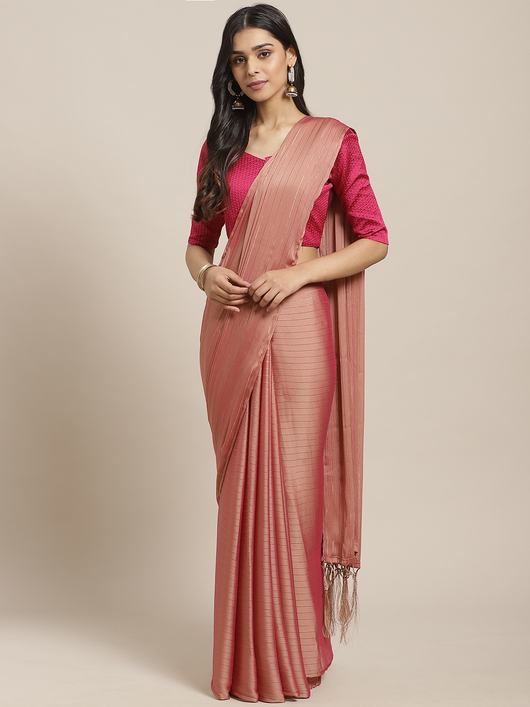 Saree mall Pink & Golden Striped Saree