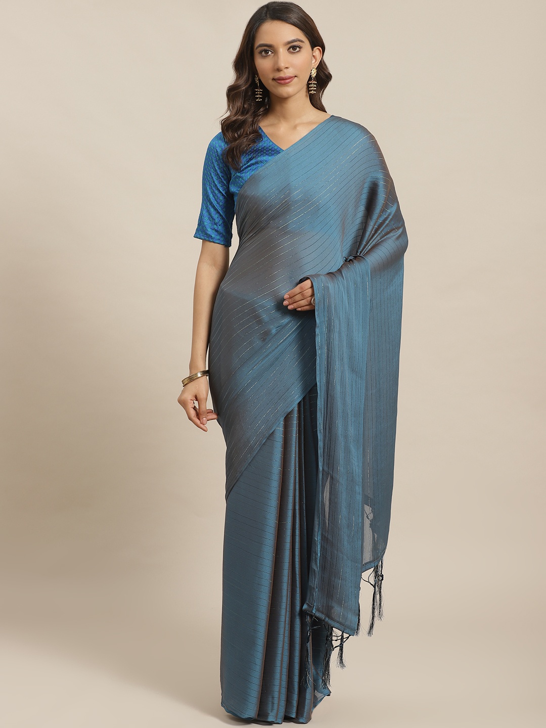 Saree mall Teal Blue Self-Striped Saree