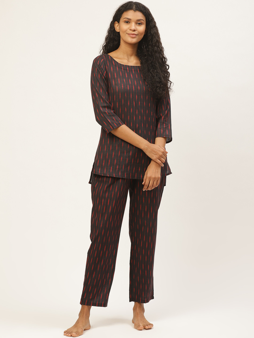 Prakrti Women Black & Red Pochampally Ikat Sustainable Night Suit
Prakrti Women Black & Red Pochampally Ikat Sustainable Night Suit