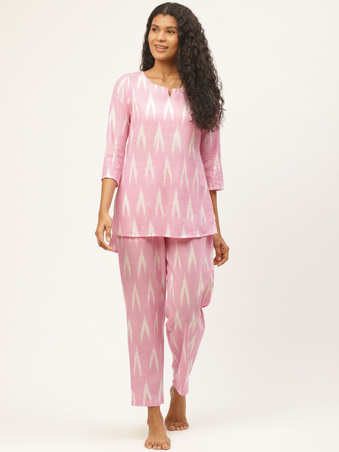 Prakrti Women Pink & Off-White Pochampally Ikat Printed Cotton Sustainable Night Suit Set
Prakrti Women Pink & Off-White Pochampally Ikat Printed Cotton Sustainable Night Suit Set