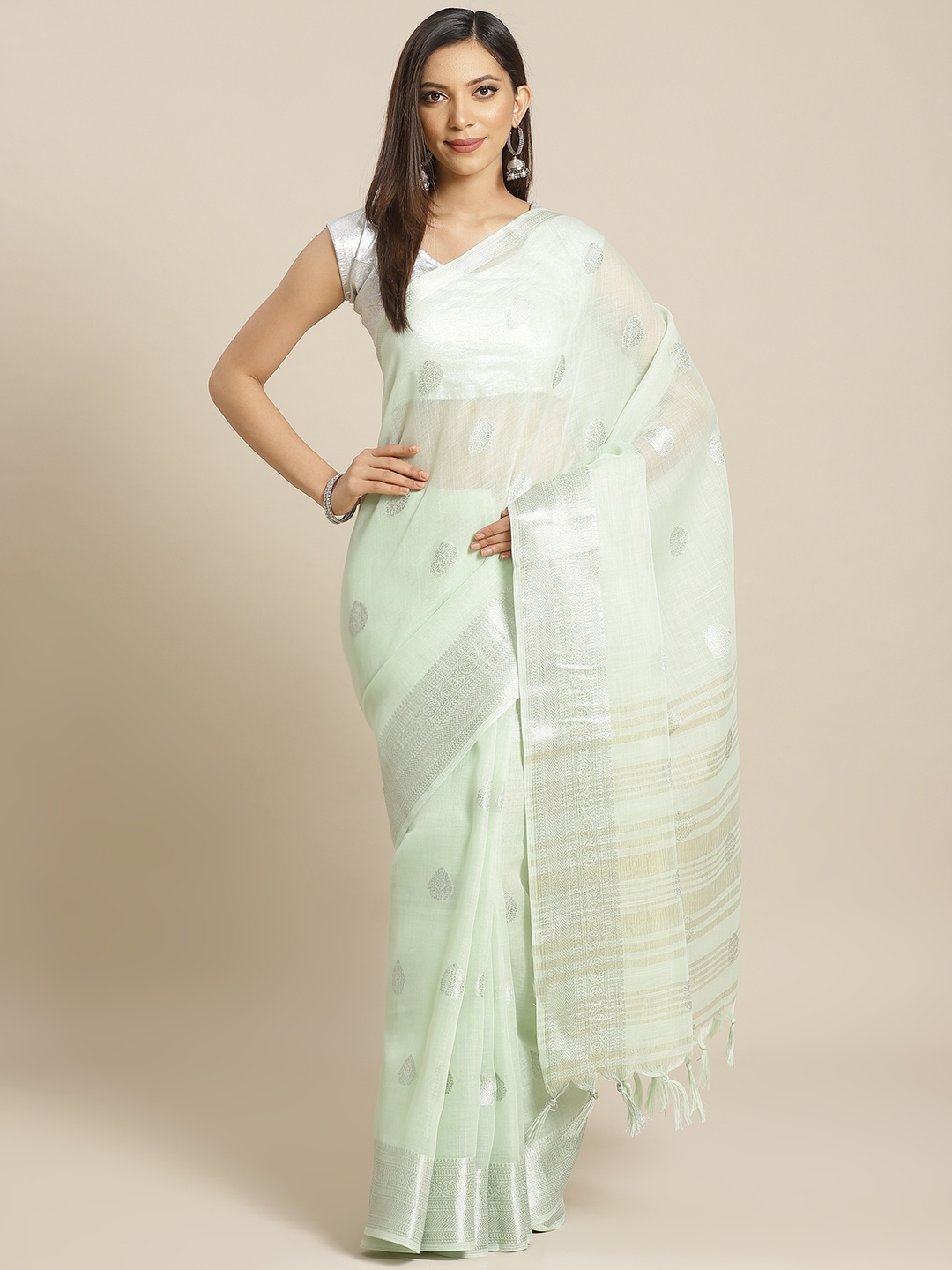 Mitera Sea Green & Silver Zari Woven Design Saree