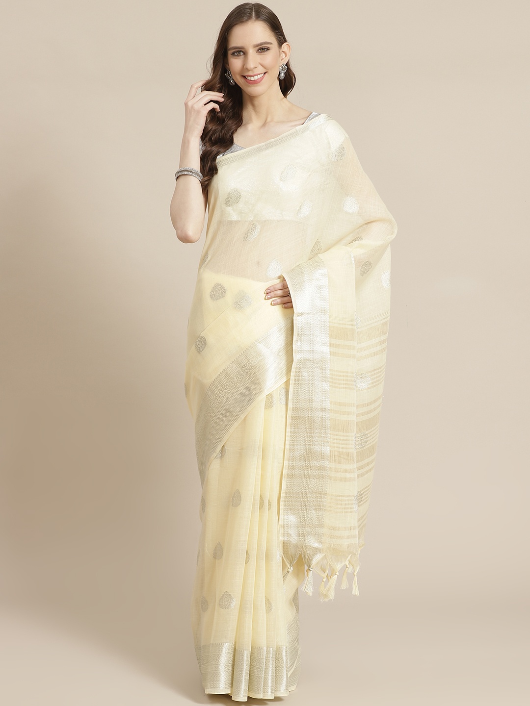 Mitera Cream-Coloured & Golden Woven Design Saree