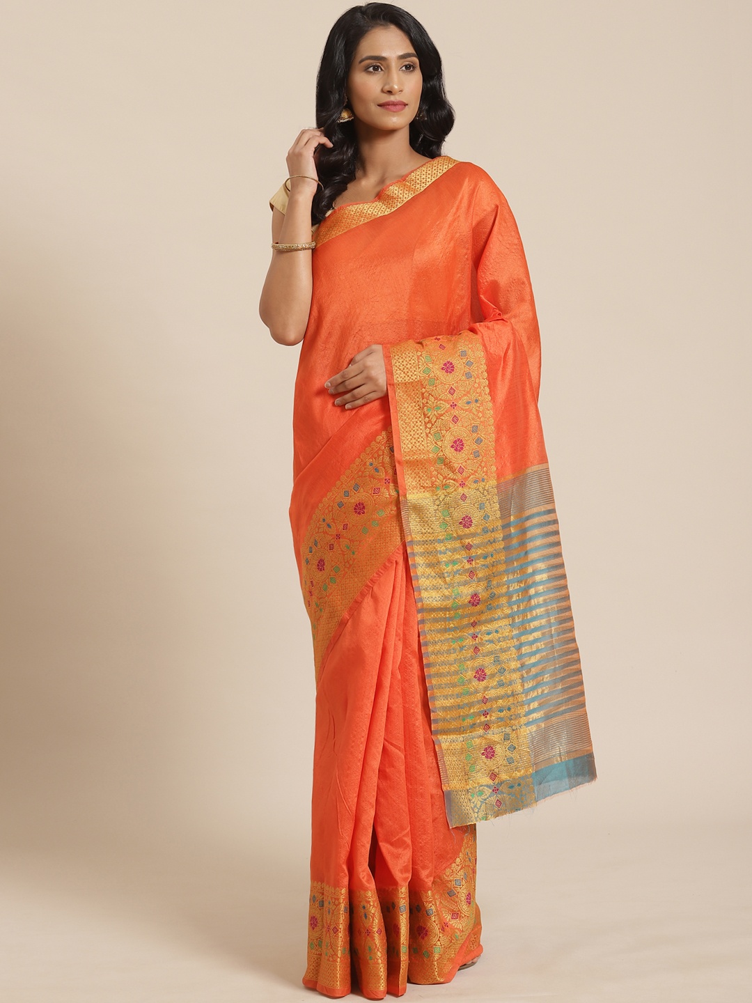 Mitera Orange & Golden Zari Solid Saree