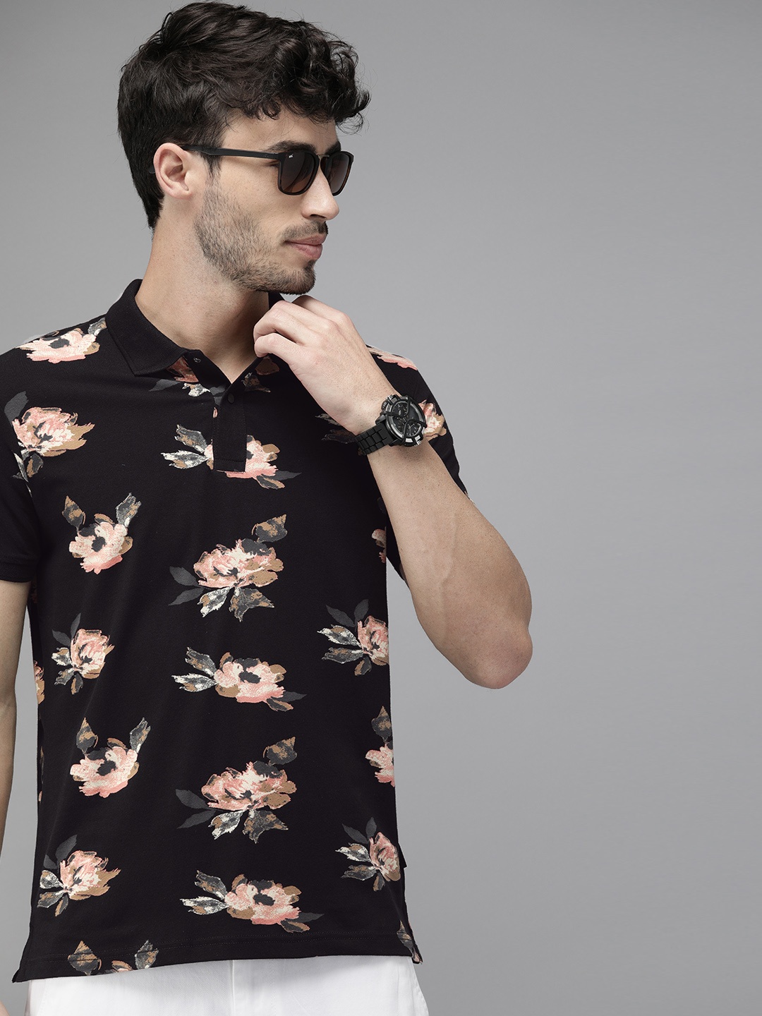 Pepe Jeans Men Black & Pink Printed Polo Collar T-shirt