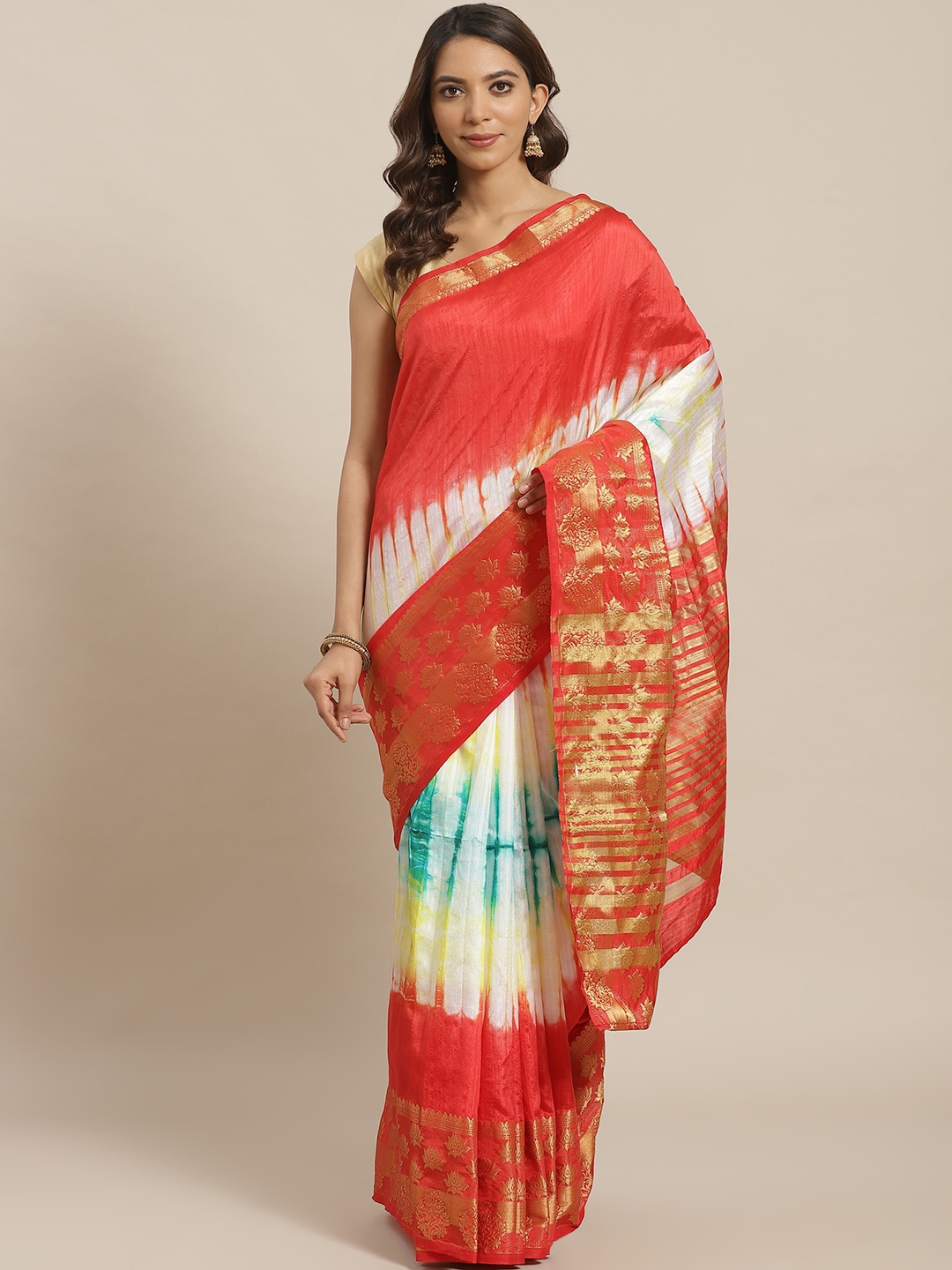 Mitera Red & Off-White Dyed Saree