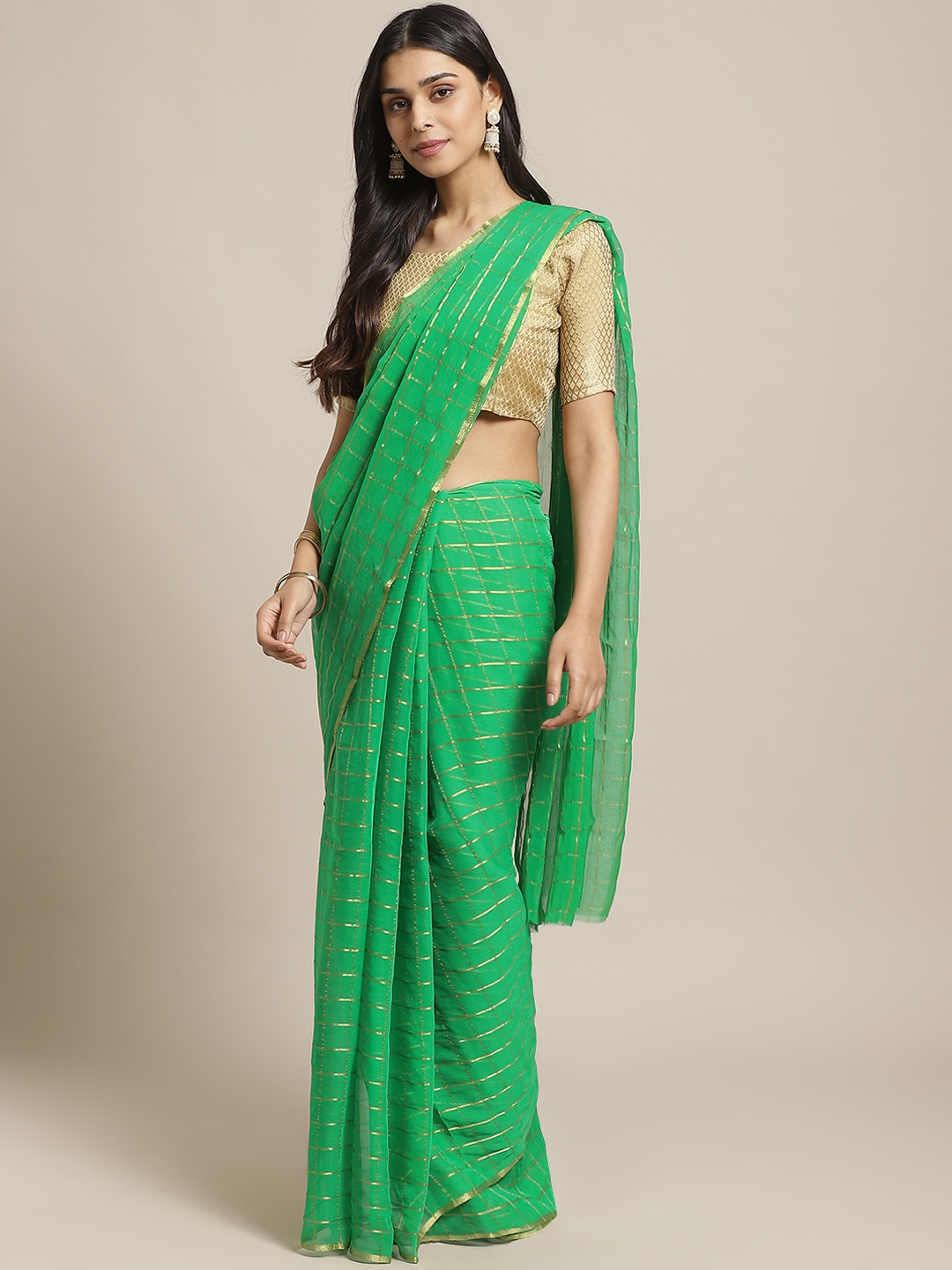Saree mall Green & Golden Checked Saree