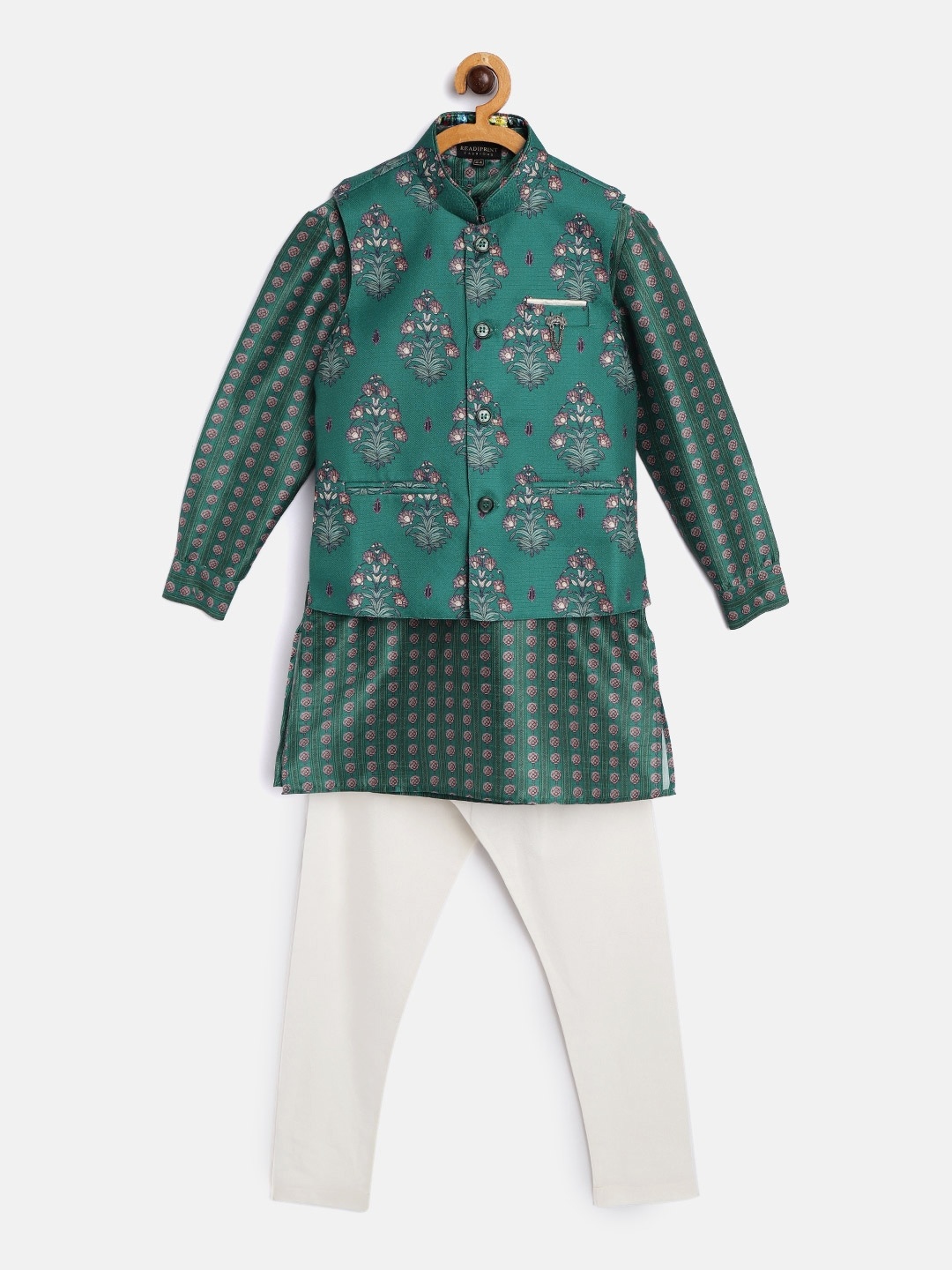 Readiprint Fashions Boys Green & Off-White Floral Kurta with Solid Churidar & Nehru Jacket
Readiprint Fashions Boys Green & Off-White Floral Kurta with Solid Churidar & Nehru Jacket