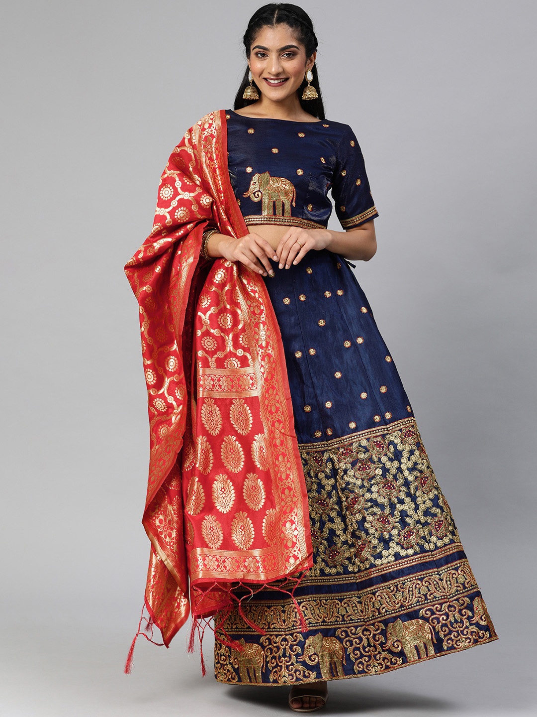 Mitera Navy Blue & Gold-Toned Embroidered Semi-Stitched Lehenga & Choli with Dupatta
Mitera Navy Blue & Gold-Toned Embroidered Semi-Stitched Lehenga & Choli with Dupatta