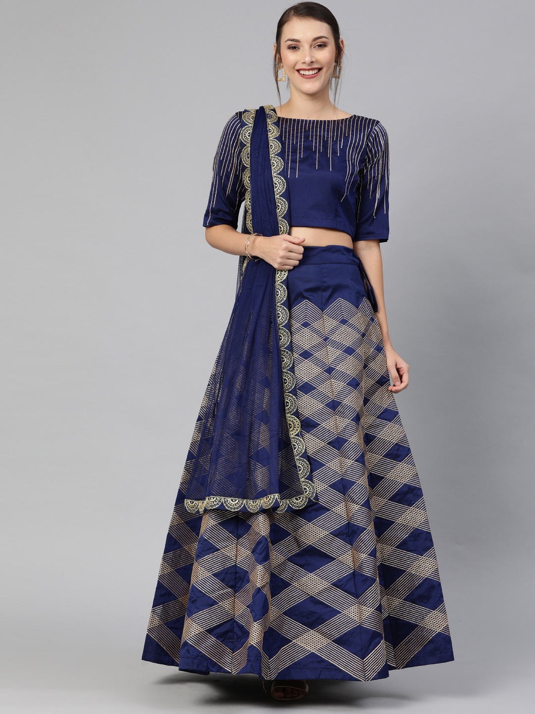 Mitera Navy Blue & Gold-Toned Embroidered Semi-Stitched Lehenga & Unstitched Blouse with Dupatta
Mitera Navy Blue & Gold-Toned Embroidered Semi-Stitched Lehenga & Unstitched Blouse with Dupatta
