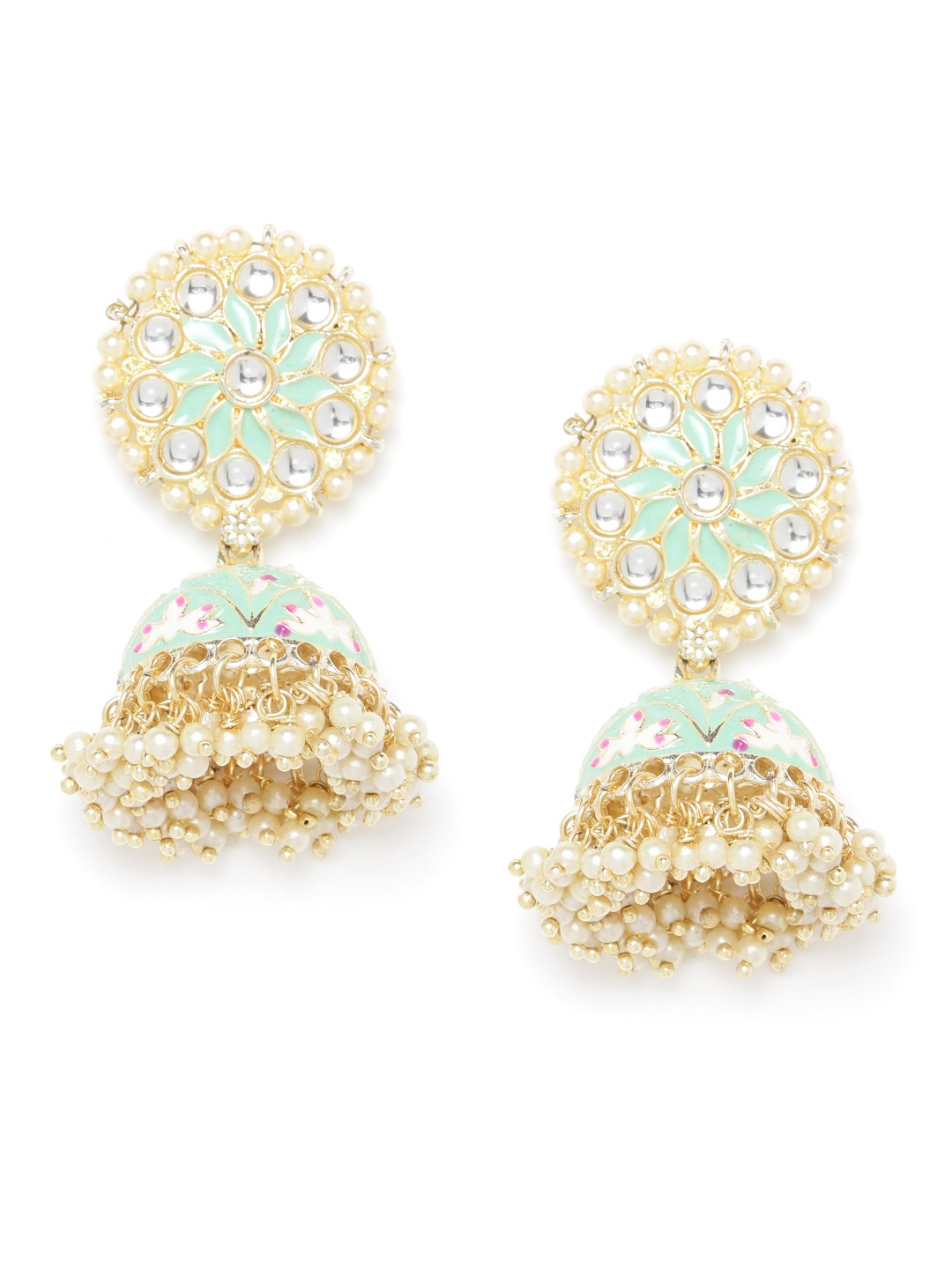 Jewels Galaxy Sea Green Gold-Plated Stone-Studded Enamelled Dome-Shaped Jhumkas
Jewels Galaxy Sea Green Gold-Plated Stone-Studded Enamelled Dome-Shaped Jhumkas