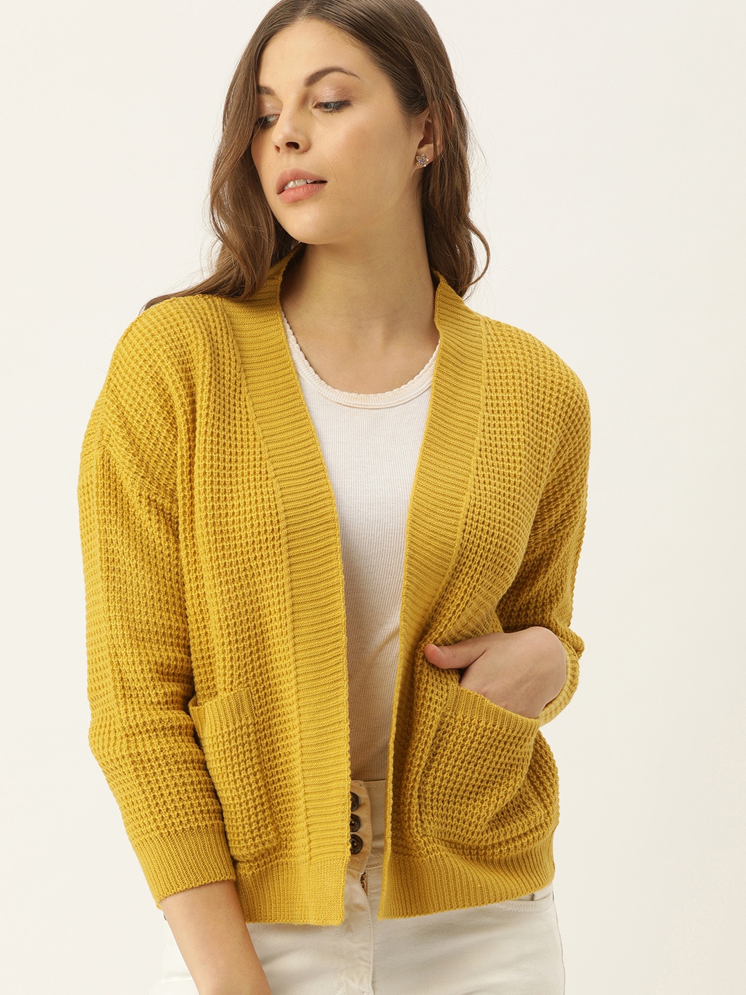 AND Women Mustard Solid Open Front Shrug