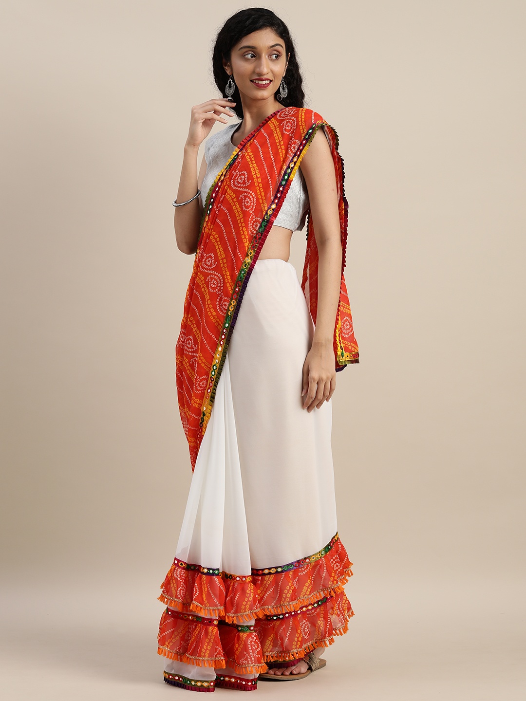 VASTRANAND White & Orange Pure Georgette Bandhani Printed Half and Half Ruffled Saree
VASTRANAND White & Orange Pure Georgette Bandhani Printed Half and Half Ruffled Saree