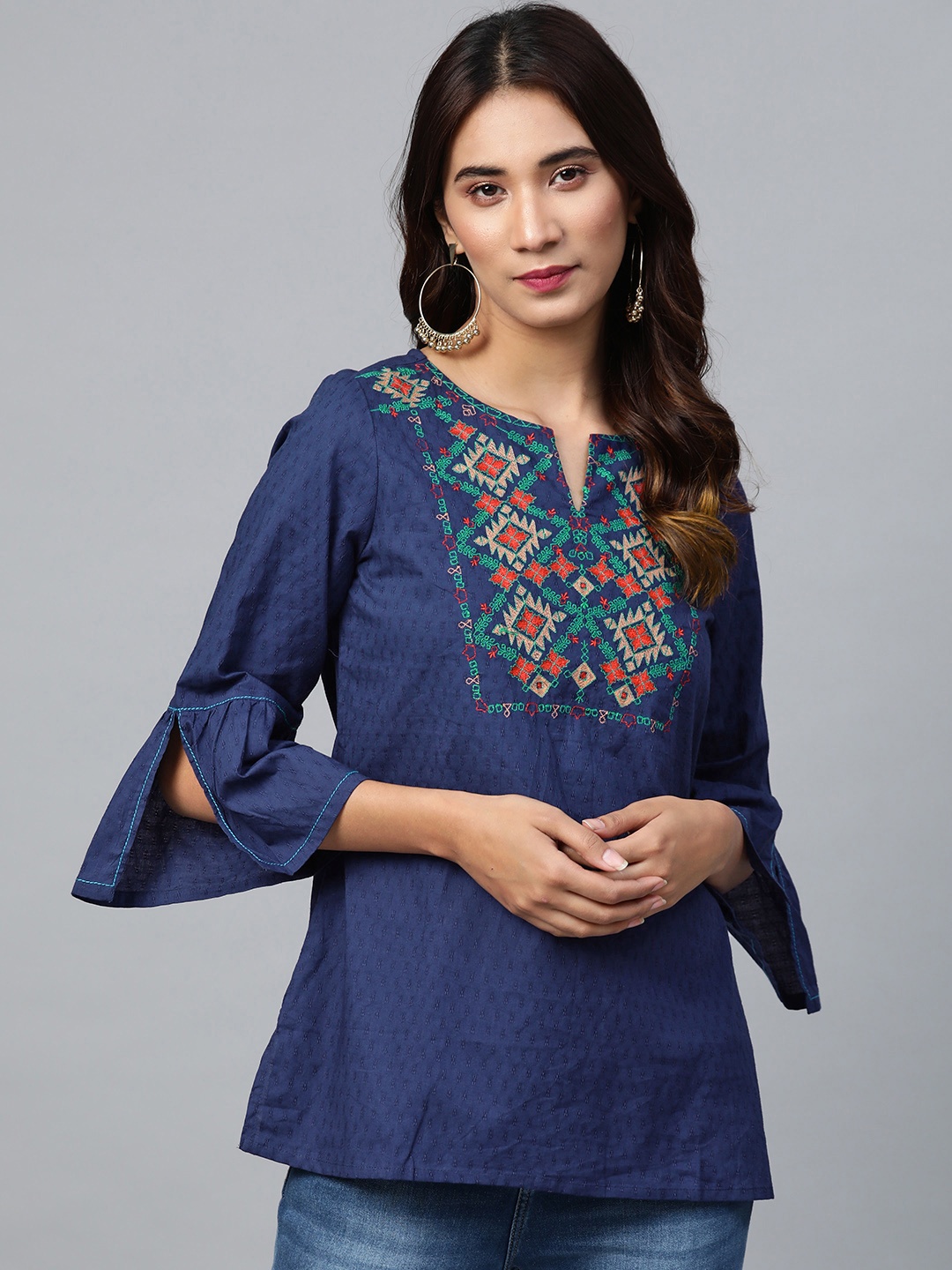 Global Desi Women Navy Blue & Red Embroidered Self Design Bell Sleeves Pure Cotton Top
Global Desi Women Navy Blue & Red Embroidered Self Design Bell Sleeves Pure Cotton Top