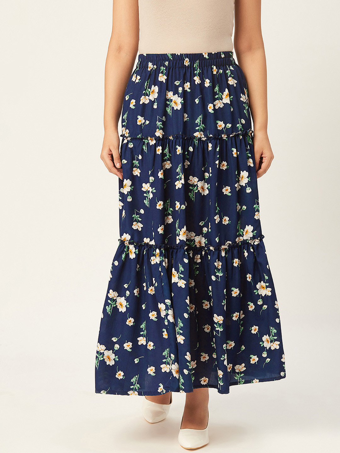 Alsace Lorraine Paris Women Navy Blue & Off-White Floral Print Maxi Tiered Skirt
Alsace Lorraine Paris Women Navy Blue & Off-White Floral Print Maxi Tiered Skirt