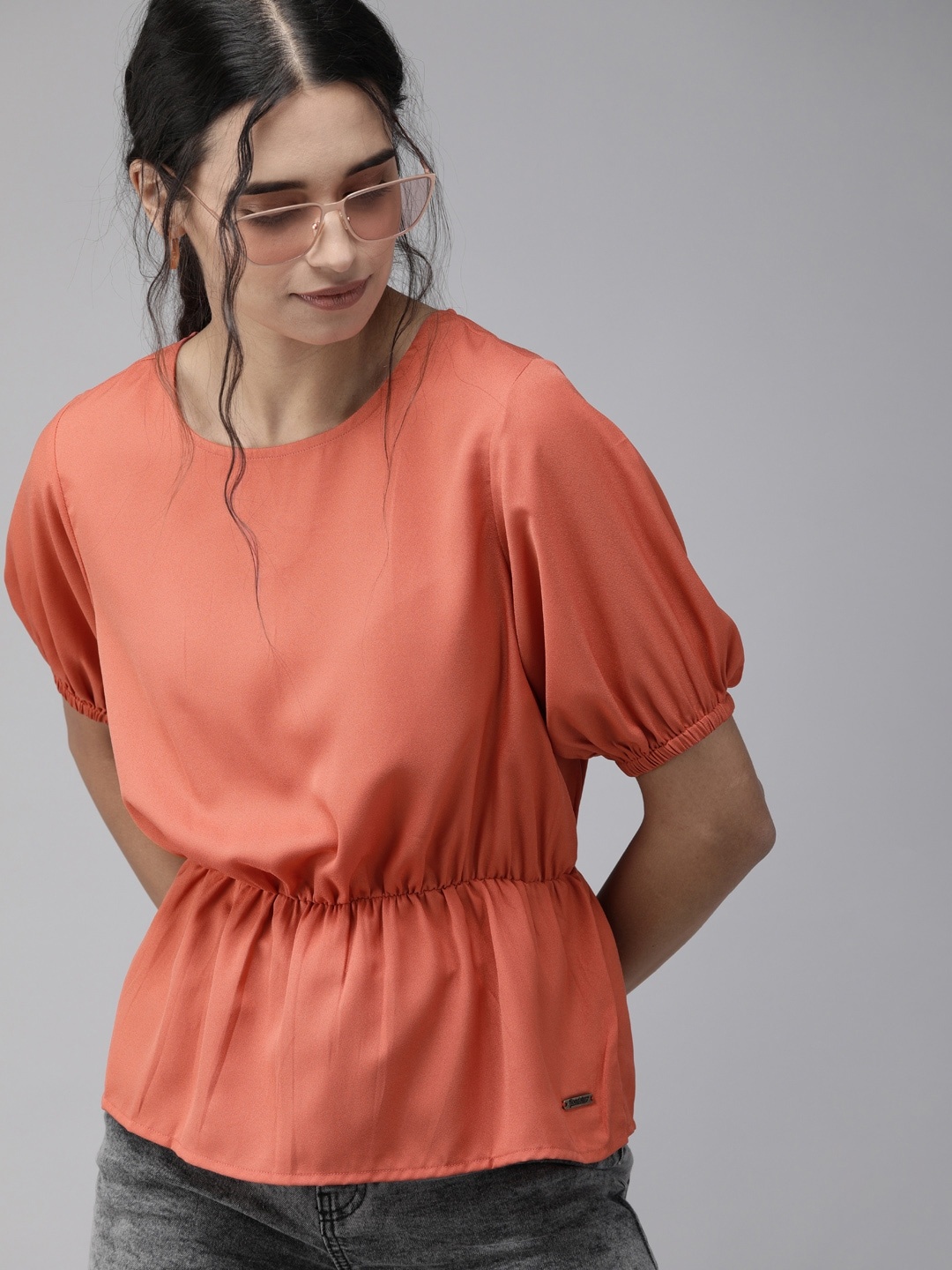 Roadster Orange Puff Sleeves A-line Crop Top