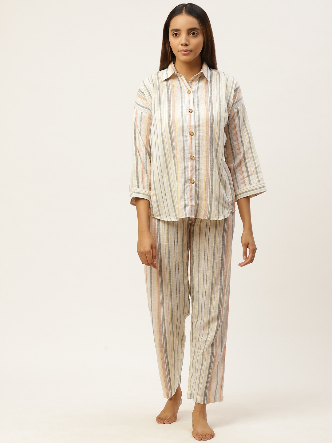 Cottinfab Women Multicoloured Striped Night Suit, Multi