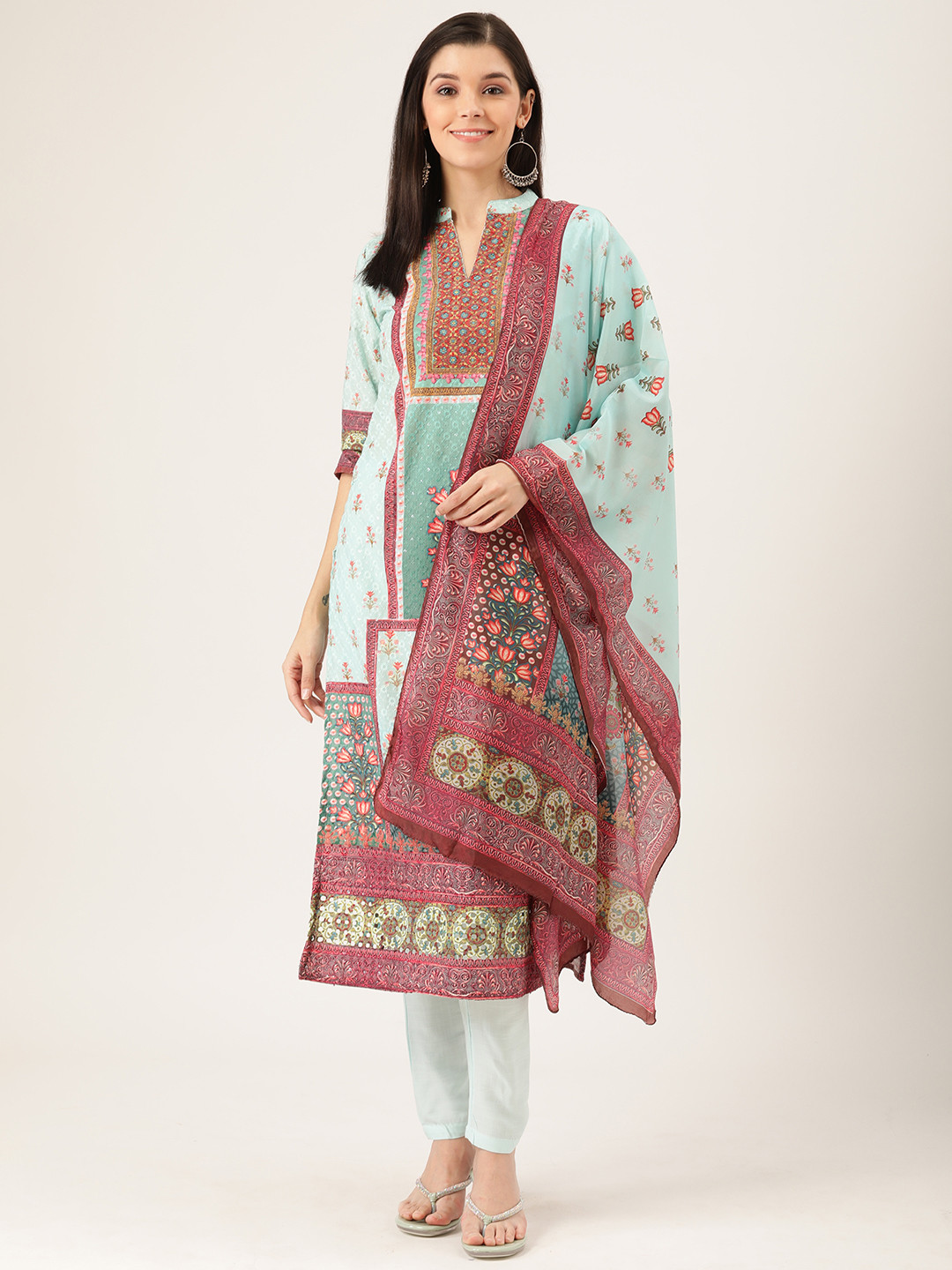 Prakrti Women Sea Green & Maroon Mughal Floral Printed Kurta with Trousers & Dupatta
Prakrti Women Sea Green & Maroon Mughal Floral Printed Kurta with Trousers & Dupatta