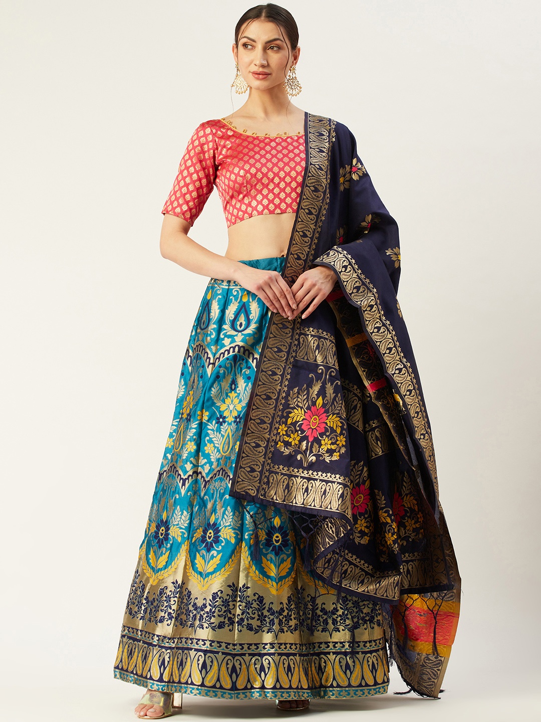 Mitera Turquoise Blue & Pink Woven Design Semi-Stitched Lehenga & Unstitched Blouse with Dupatta
Mitera Turquoise Blue & Pink Woven Design Semi-Stitched Lehenga & Unstitched Blouse with Dupatta