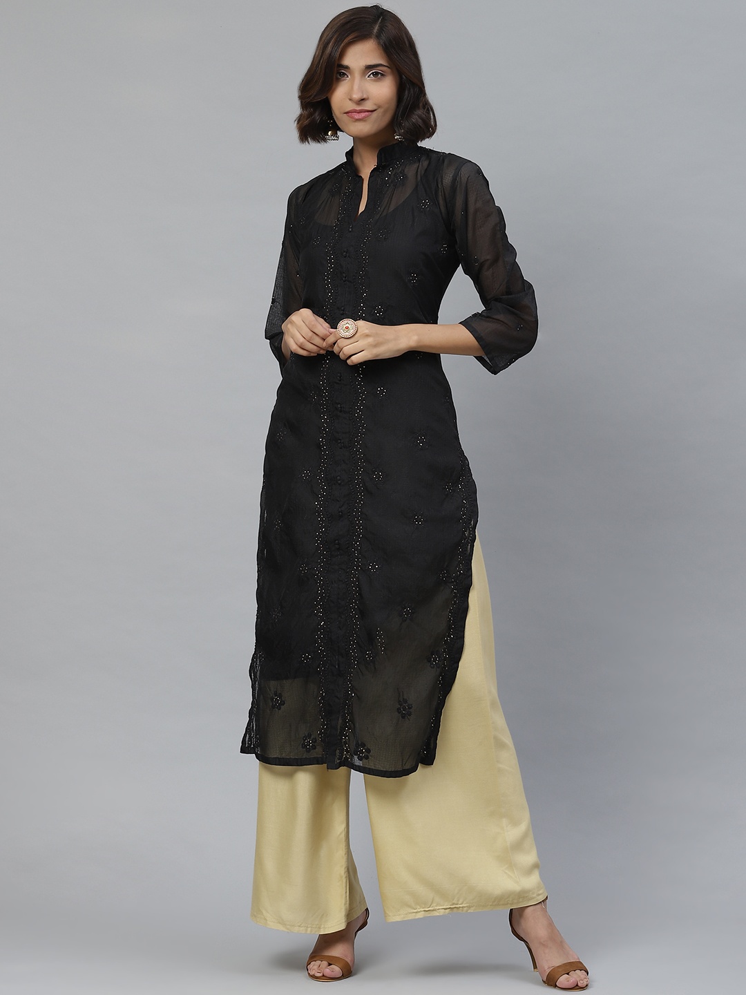 ADA Women Black Chikankari Embroidered Semi-Sheer Straight Sustainable Kota Handloom Kurta
ADA Women Black Chikankari Embroidered Semi-Sheer Straight Sustainable Kota Handloom Kurta