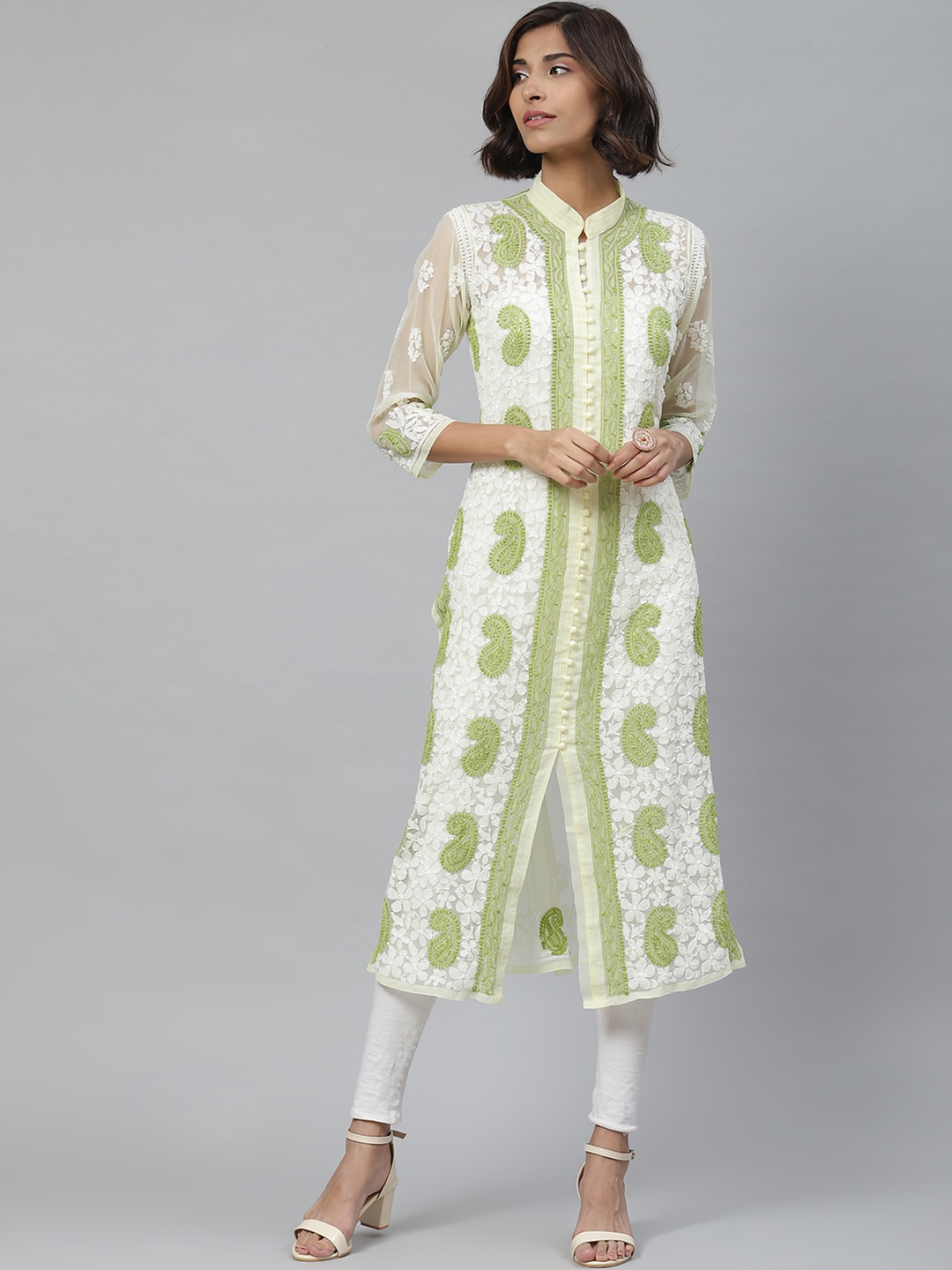 ADA Women Off-White & Green Chikankari Embroidered Straight Sustainable Handloom Kurta
ADA Women Off-White & Green Chikankari Embroidered Straight Sustainable Handloom Kurta